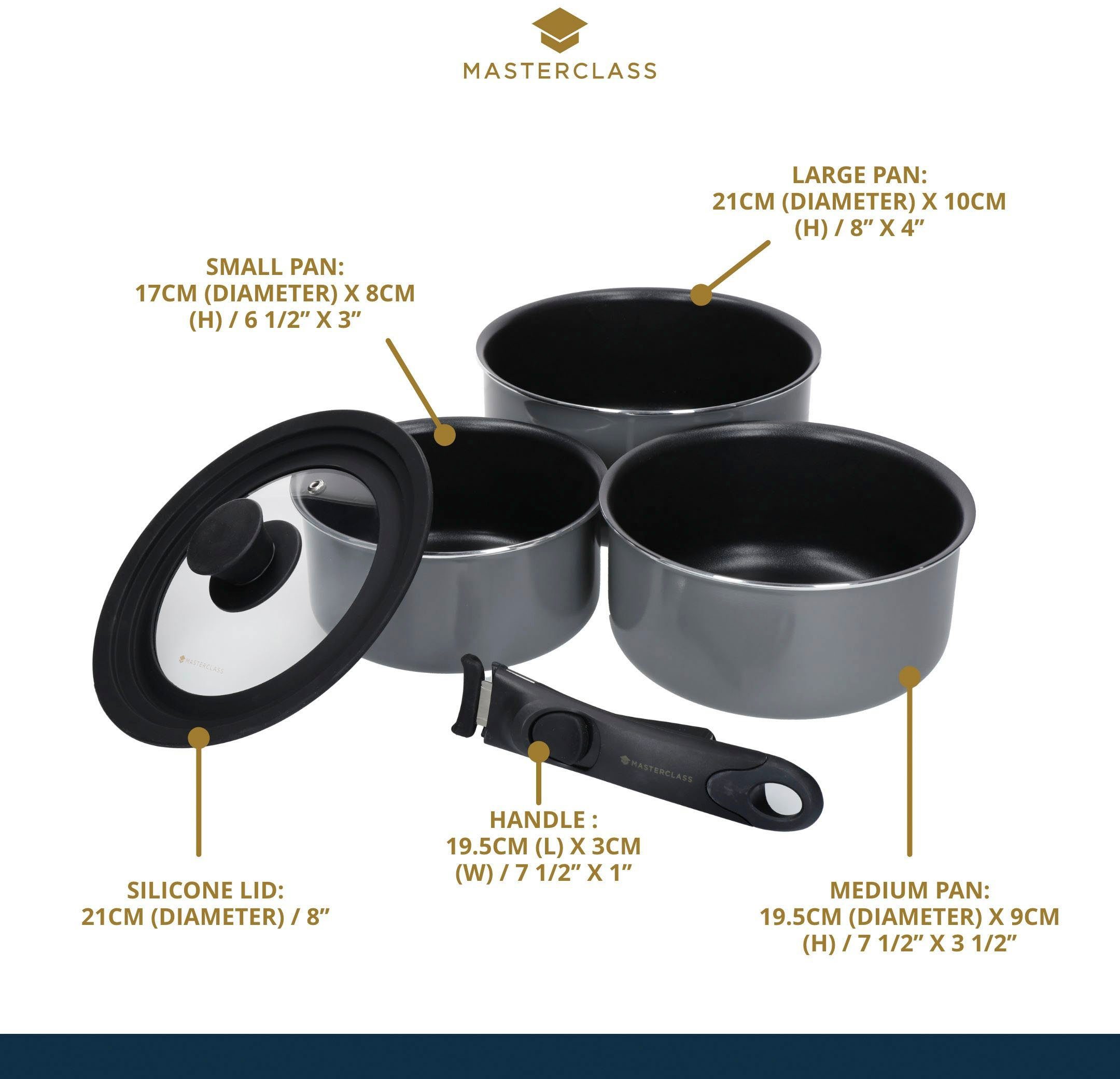 MasterClass Pfannen-Set MasterClass, Aluminium (Set, 3-tlg., je 1 Pfanne Ø 17 cm, H. 8 cm, Ø 19,5 cm, H. 9 cm, Ø 21 cm, H. 10 cm), Induktion