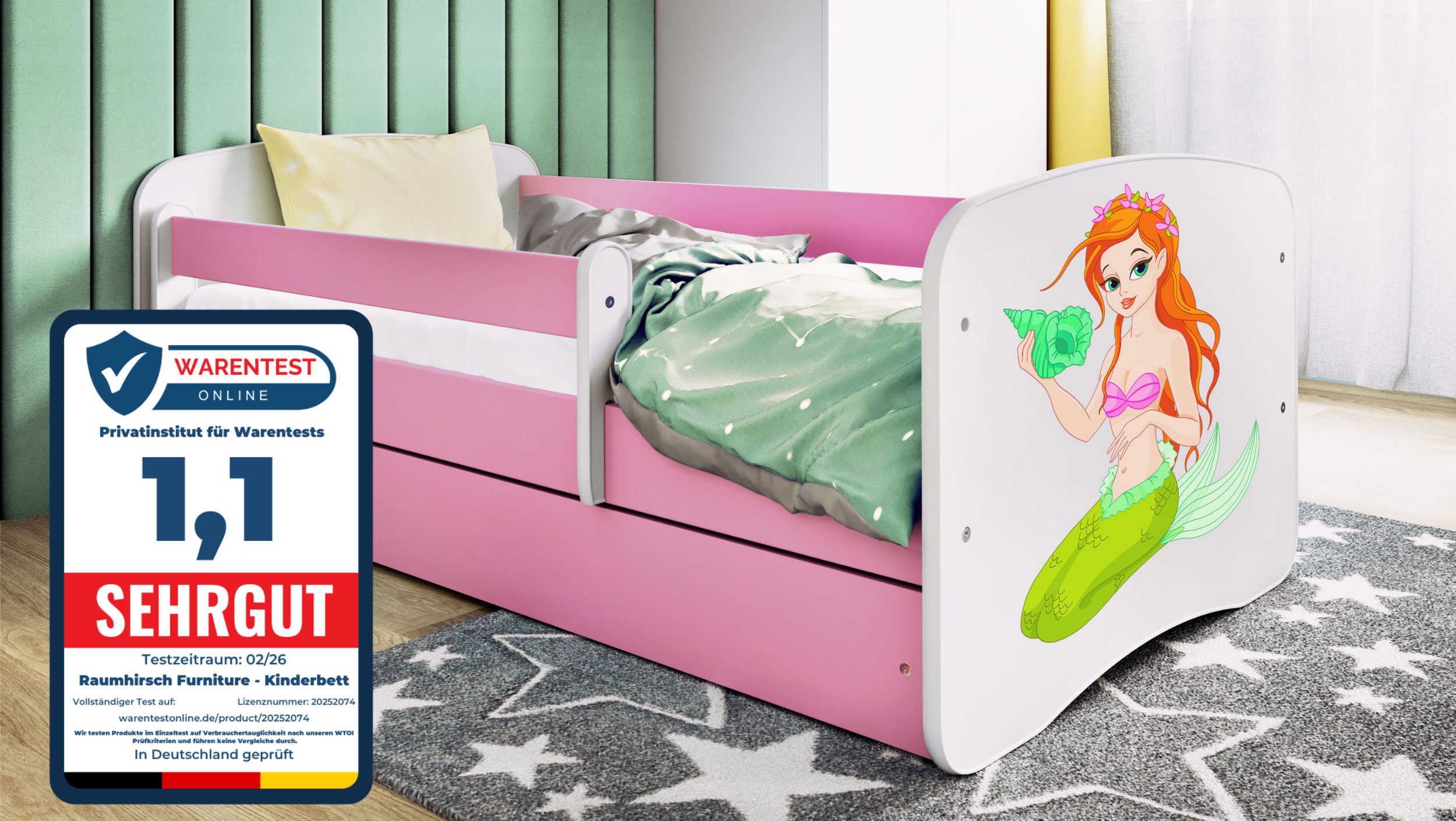 Raumhirsch Furniture Kinderbett 70x140, 80x160, 80x180 cm - Komplettset mit Schublade (Bett für Mädchen, Einzelbett Kinder 2–12, mit Rausfallschutz & Lattenrost), verschiedene Farben & Designs