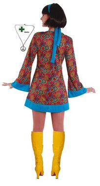 Karneval-Klamotten Hippie-Kostüm Damenkostüm Flower Power mit Peace Kette, Kleid türkis-bunt, V-Ausschnitt, mit Haarband und Halskette