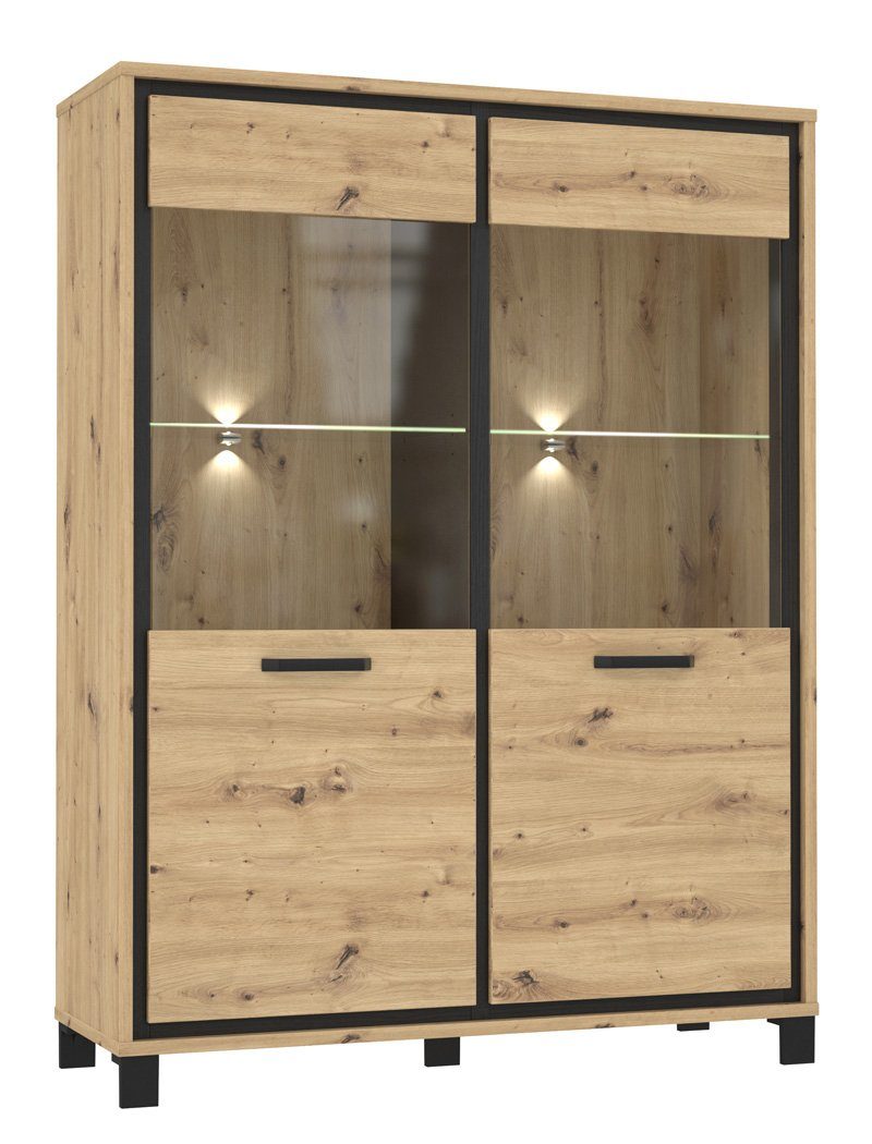 Schwarz Vitrine Softclose Artisan- und 7 Thore 121x161x42 expendio mit / Beleuchtung cm Eiche