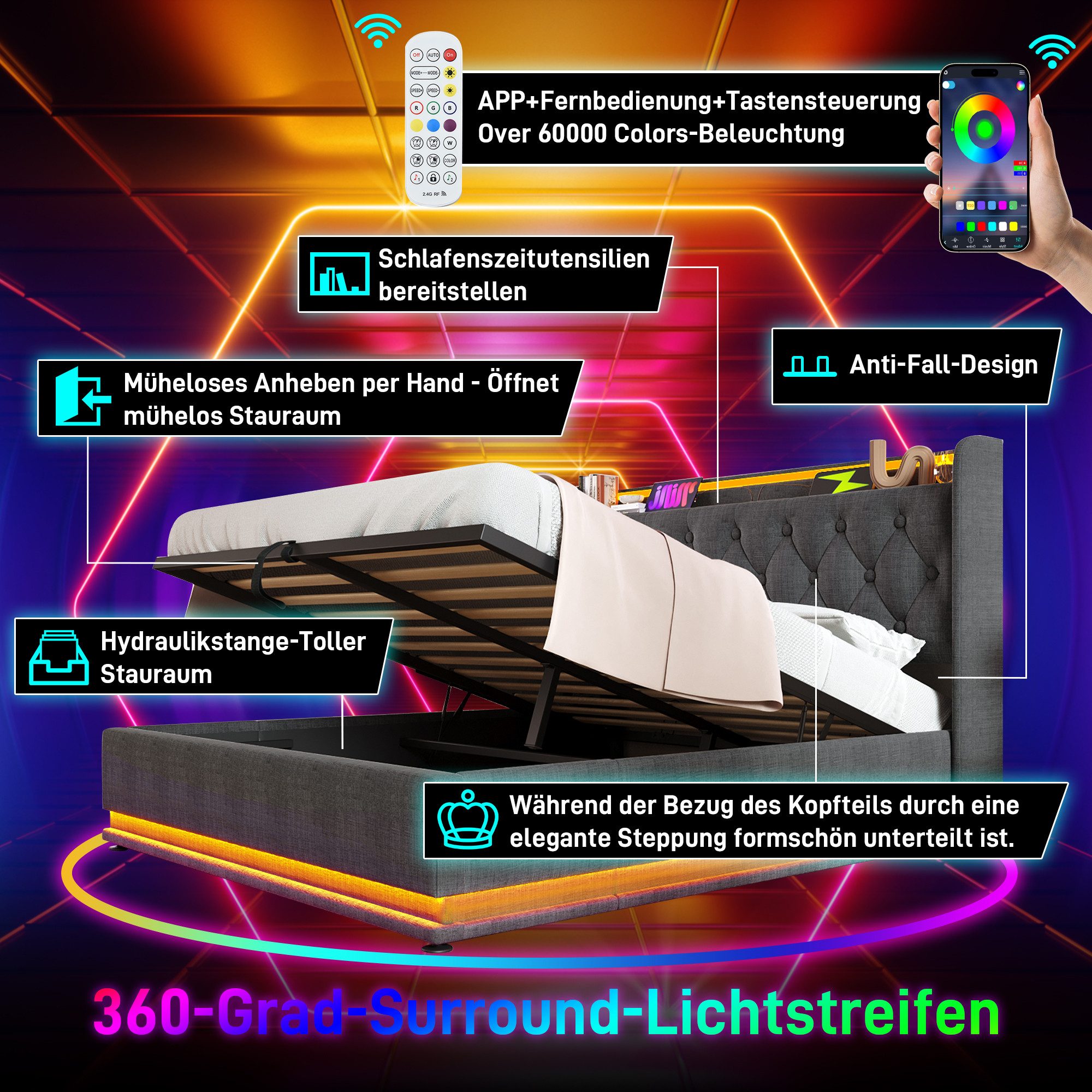 TavilaEcon Boxspringbett mit gepolstertem Kopfteil, 360° LED, USB Typ-C, hydraulischem Stauraum (1-St), mit rutschfesten Streifen