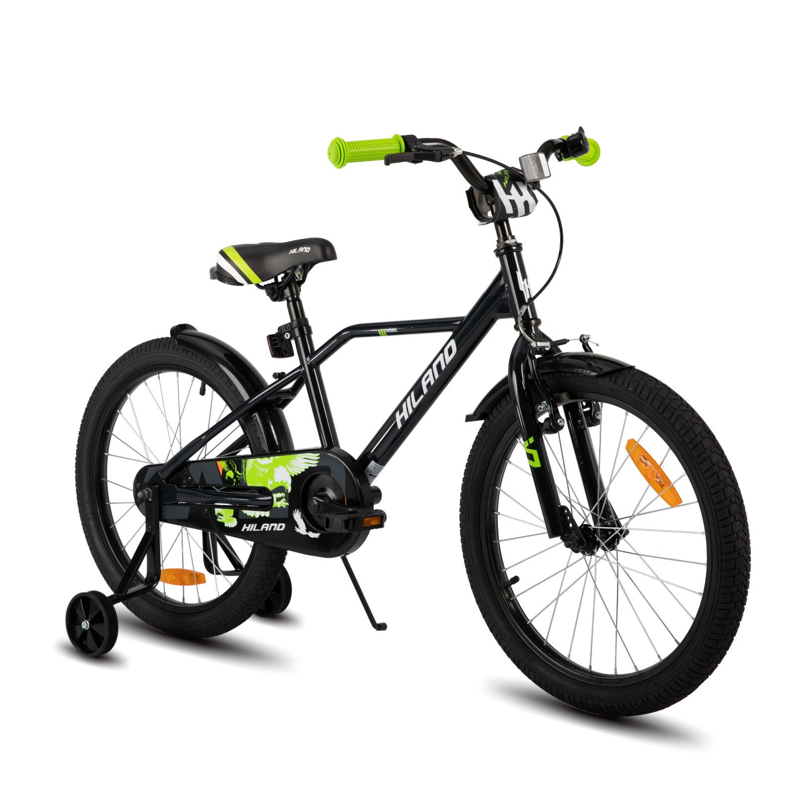HILAND Kinderfahrrad Hawk 12 14 16 20 Zoll Kinderfahrrad für Jungen 3-10 Jahre, mit Stützrädern, V Bremseund Rücktrittbremse, Hilfsrad, Kotflügel