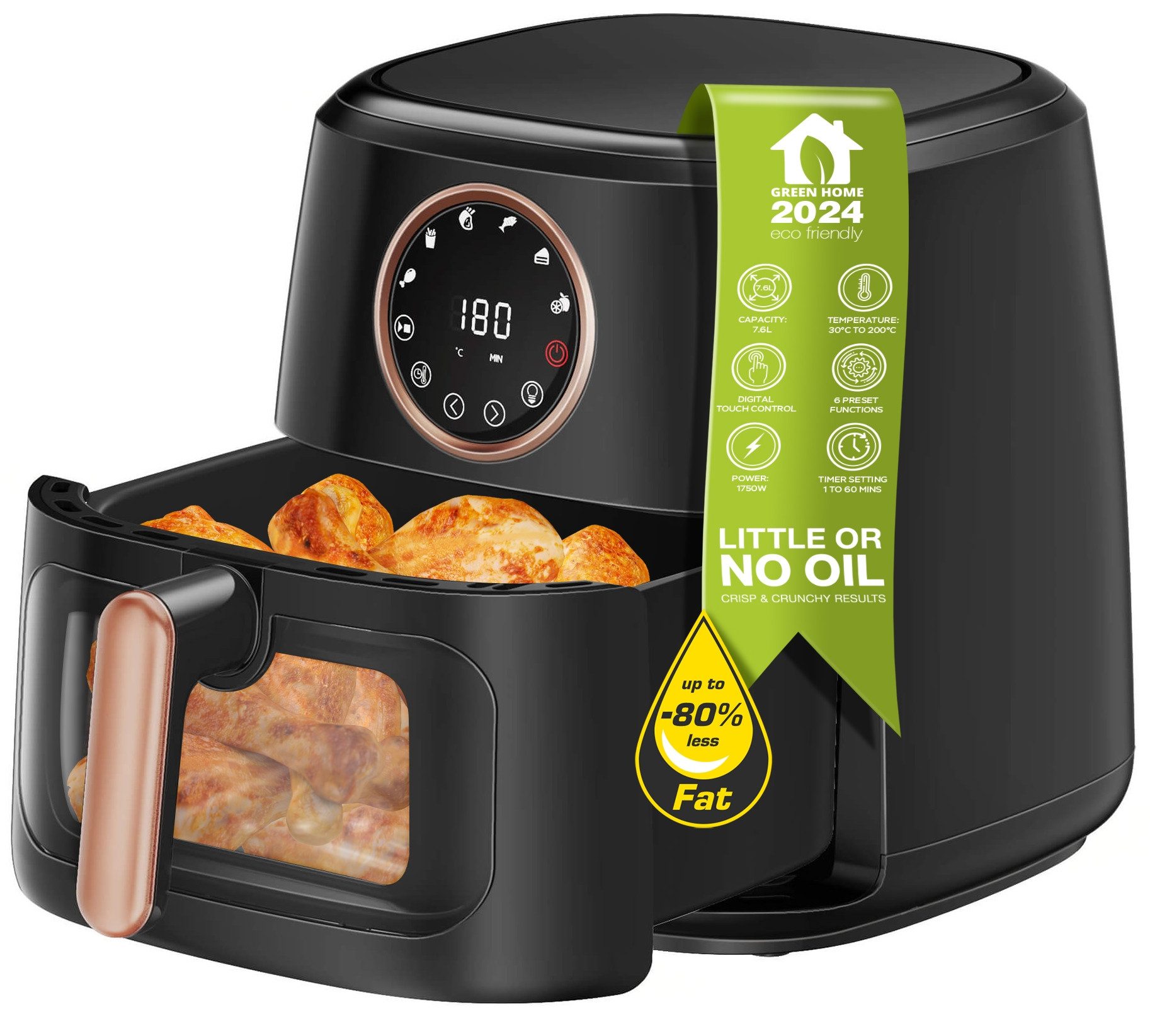 TurboTronic by Z-Line Heißluftfritteuse XL 7,2 Liter 1750W digitale XL Heißluftfritteuse Airfryer Power, 1750 W, bis 200 Grad Digital Fritteuse Fettfrei 1600W 1-60 Min.