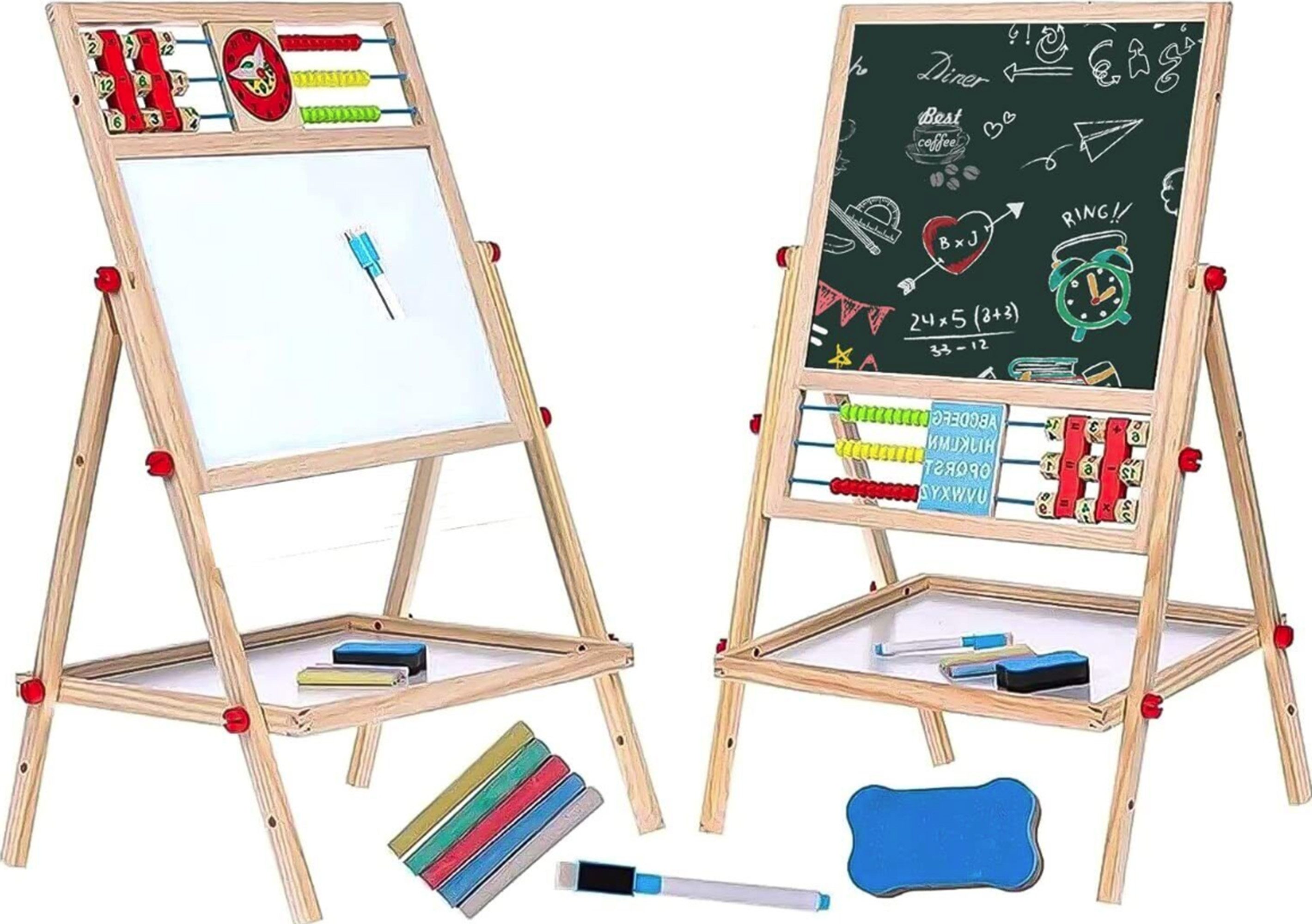 ibettertec Kinderstaffelei Kunst Staffelei für Kinder, hölzerne Tafel, Kindertafel, 3-in-1 Funktion, doppelseitig magnetisch, höhenverstellbar