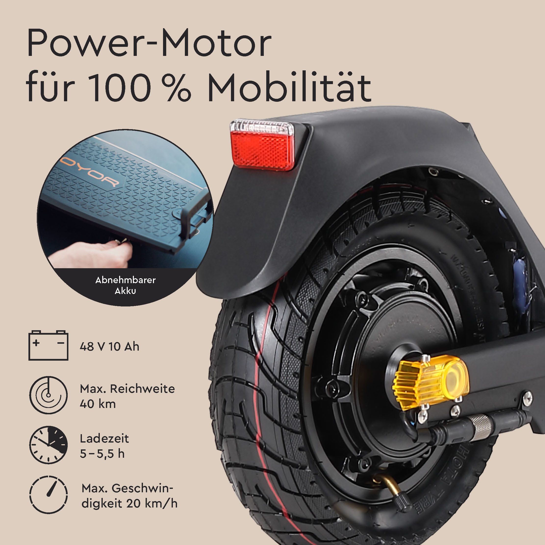JOYOR E-Scooter Elektroroller mit Straßenzulassung C10E herausnehmbarer Akku 500Wh 10", 500 W, 20 km/h, wechselbarer Akku, Magnesiumrahmen 25% Steigfähigkeit
