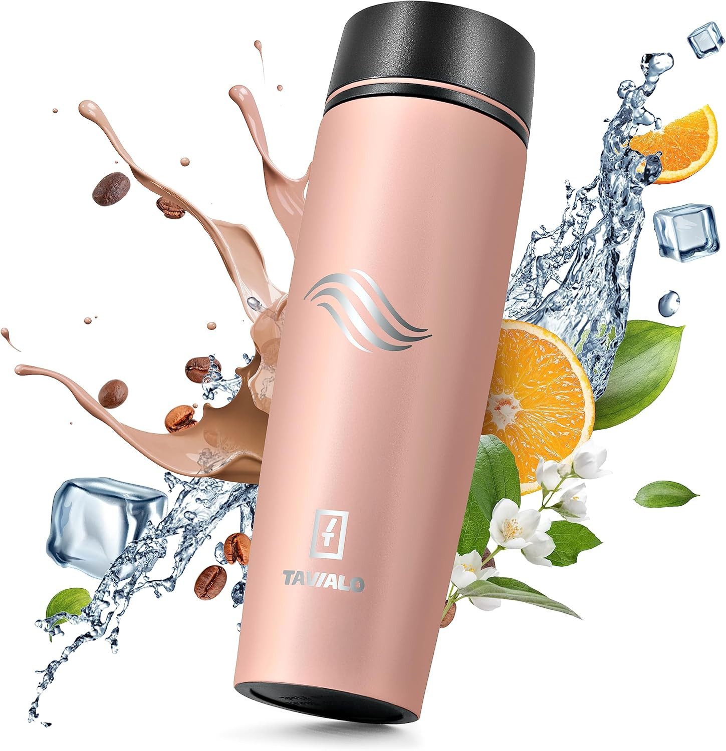TAVIALO Isolierflasche 460ml puderrosa matt Inox Edelstahl, Pulverbeschichtung, Kaffeebecher, ideal für Reisen, Schule, Camping, Wanderungen, beim Sport