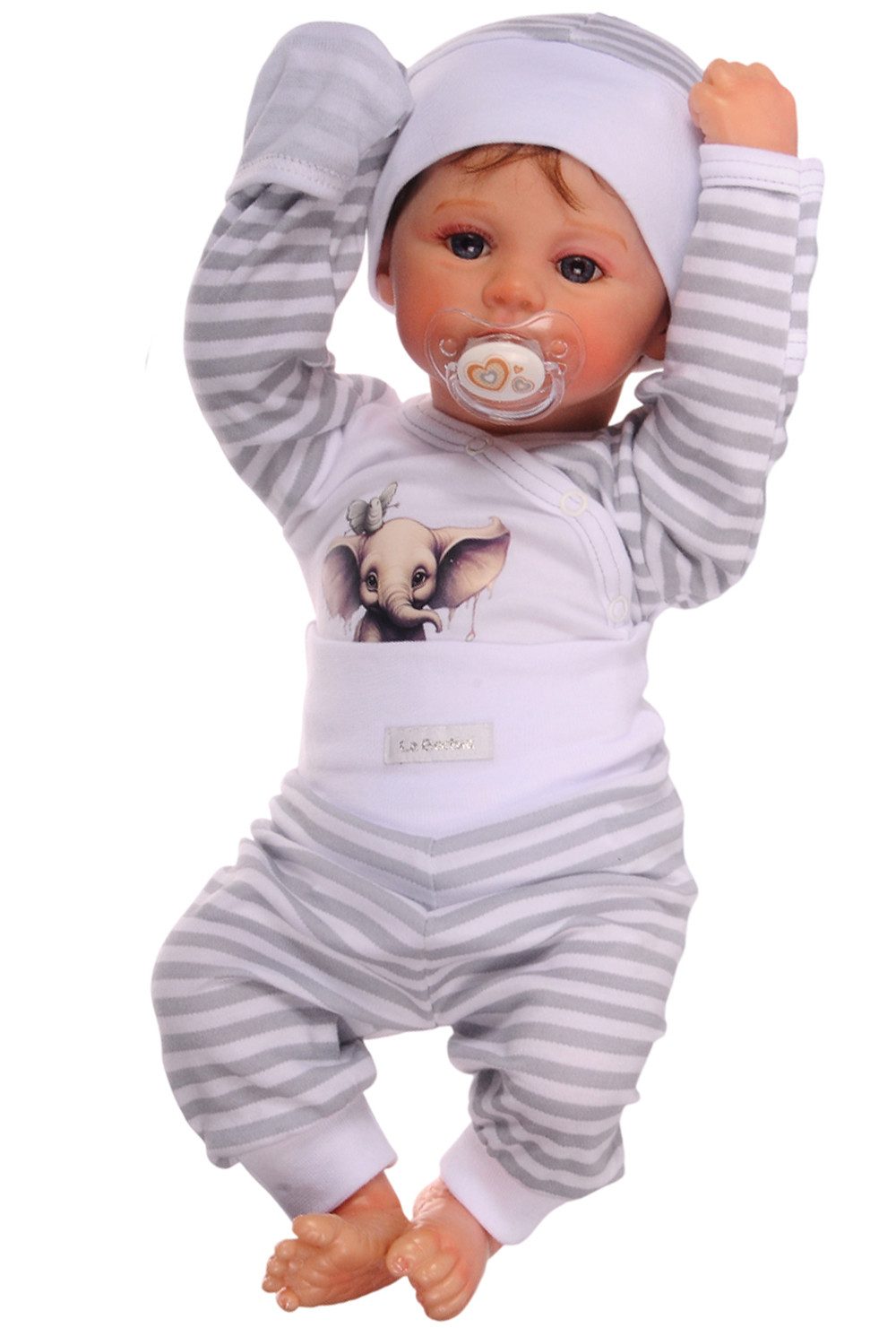 Erstausstattungspaket Baby Anzug Body mit Kratzschutz Hose und Mütze in Weiß gestreift