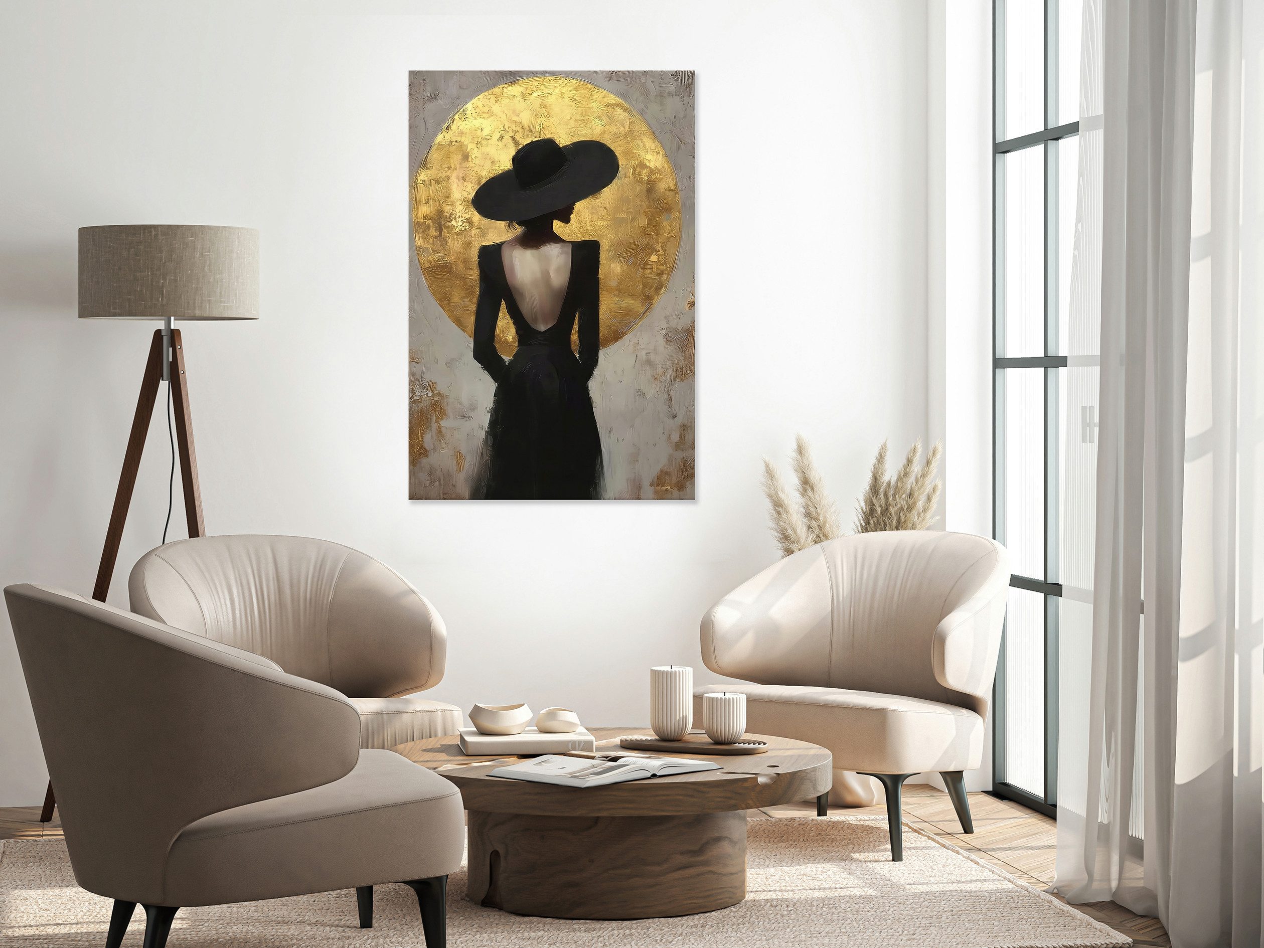 queence Acrylglasbild Wandbild, Goldbild, Bild Frau mit Hut vor goldenem Mond, Abstrakte, Fantasy, Kunst, Handveredelt mit Blattgold für eine edle und zeitlose Optik.