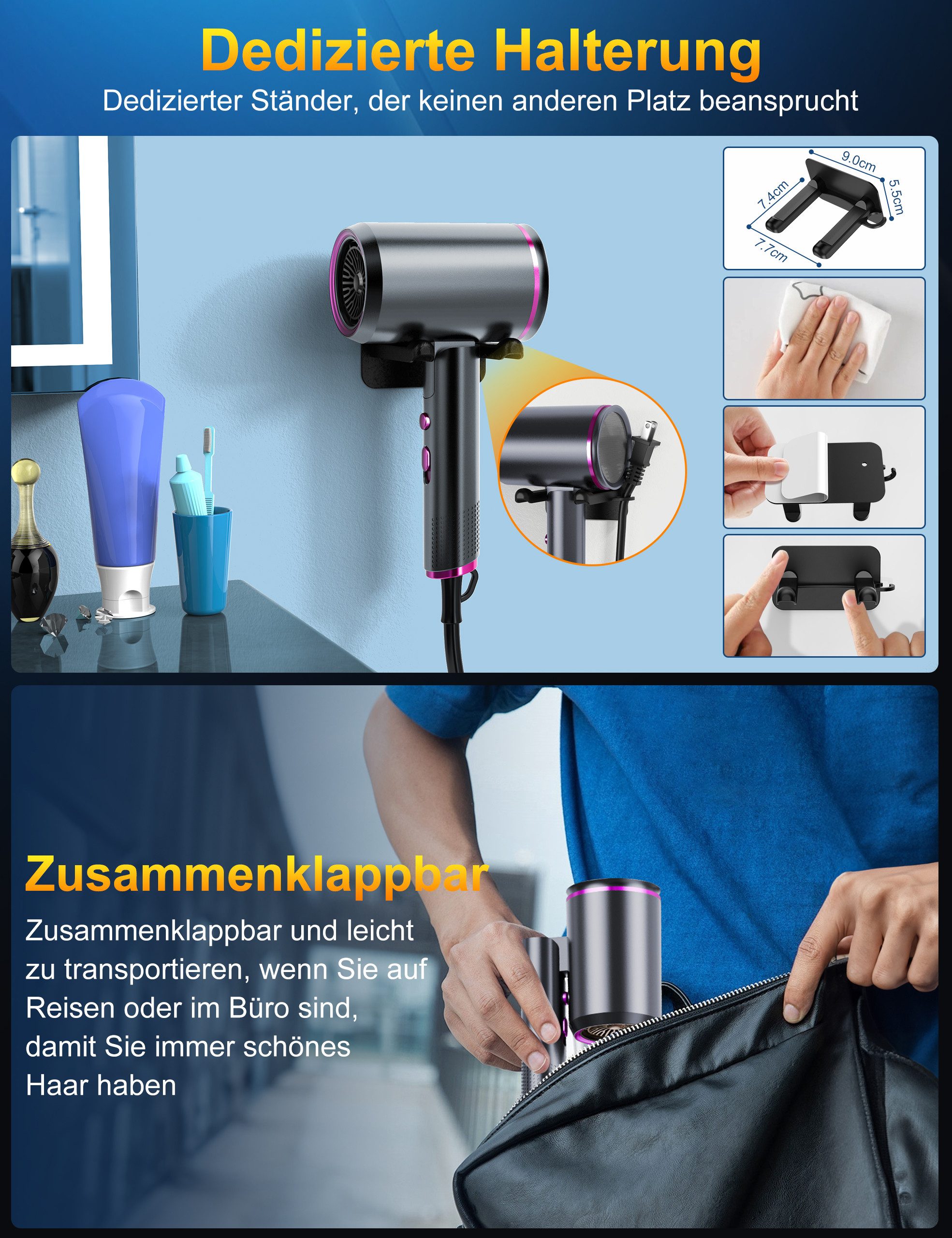 ibettertec Haartrockner Haartrockner Föhn Ionen,klappbar,mit 3 Stylingdüse, 2400 W, Schnelltrocknen Hair Dryer Mit 6 Temperatureinstellungen, Reiseföhn Hairdrye – Bild 5 von 5