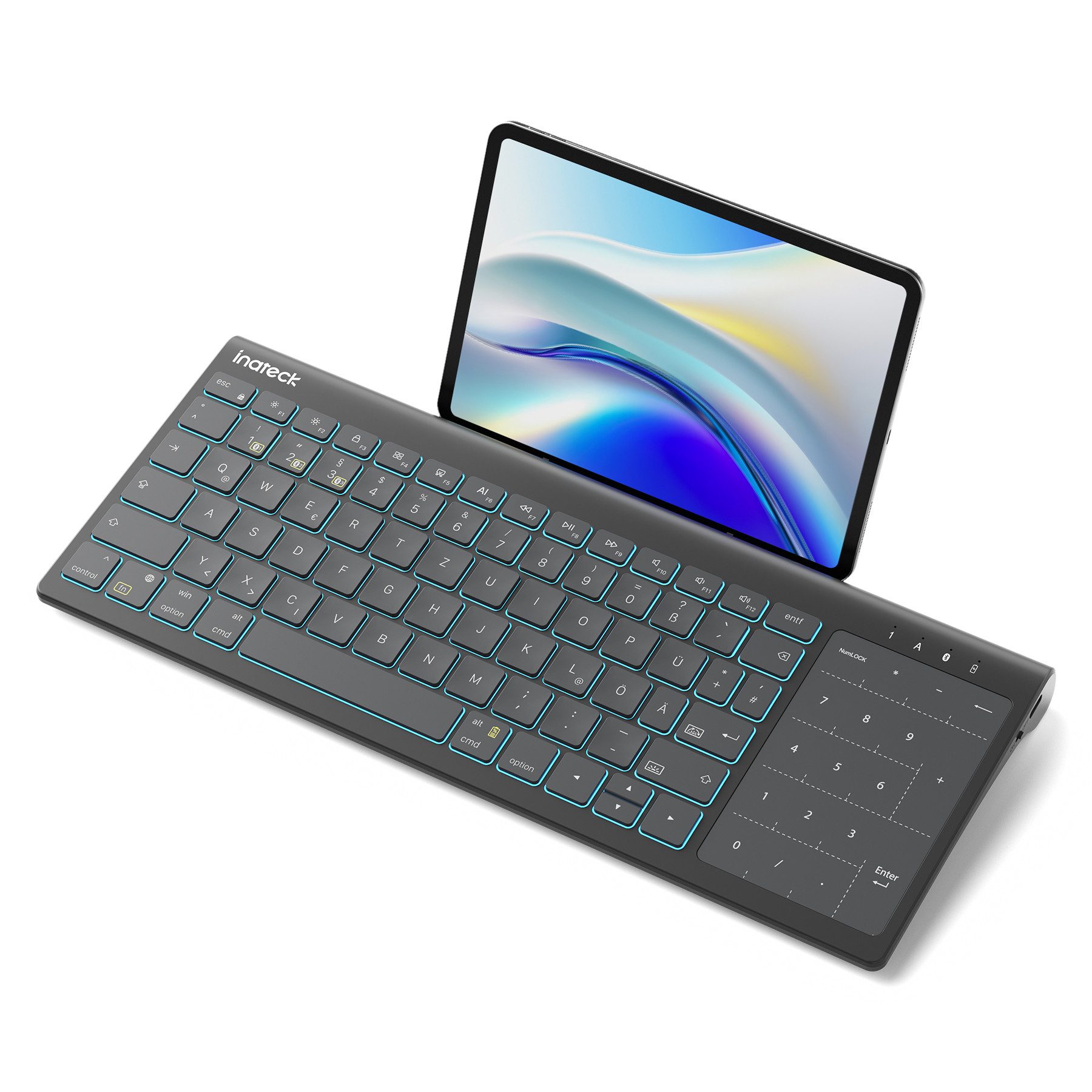 Inateck mit Ziffernblock, Touchpad, 3 BT-Kanäle, Hintergrundbeleuchtung Tablet-Tastatur (Kompatibel mit iPadOS/Samsung/Android/Windows)