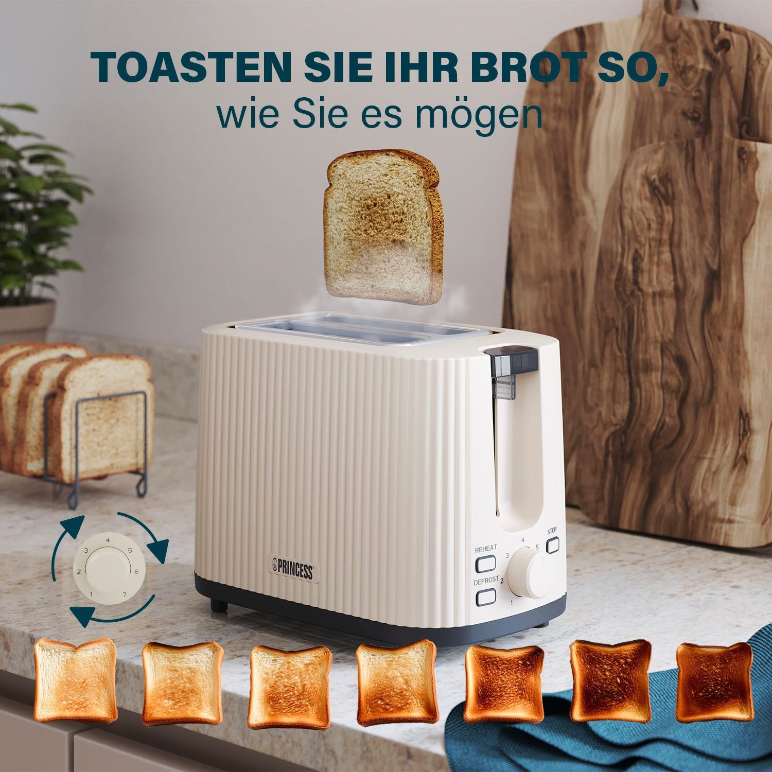 PRINCESS Toaster Princess 142337 Toaster Wave – Stilvolles Design – leistungsstarker un, 2 kurze Schlitze, für 2 Scheiben, 930 W, Wave, 7 Stufen, Krümelschublad – Bild 4 von 5