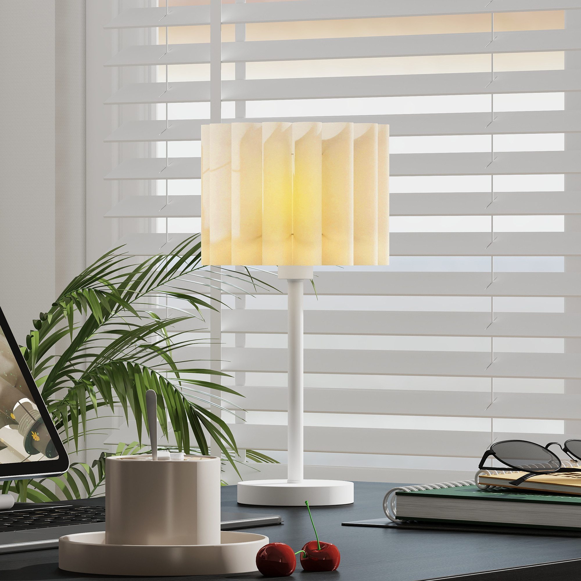 HOMCOM Tischleuchte Tischlampe mit Wellen-Lampenschirm, Dekoration, exkl. Glühbirne, für Wohnzimmer, Spielzimmer, Weiß