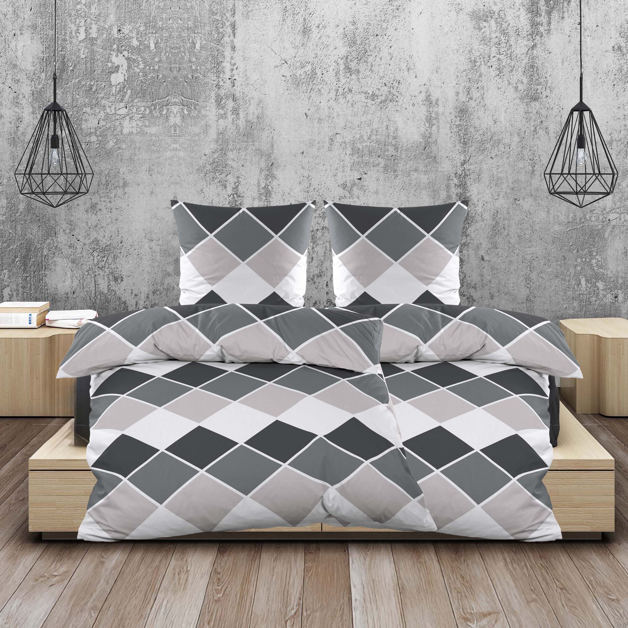 Casa Colori Bettwäsche Biber 135x200cm Anthrazit Grau Rauten, Biber, 4 teil günstig online kaufen