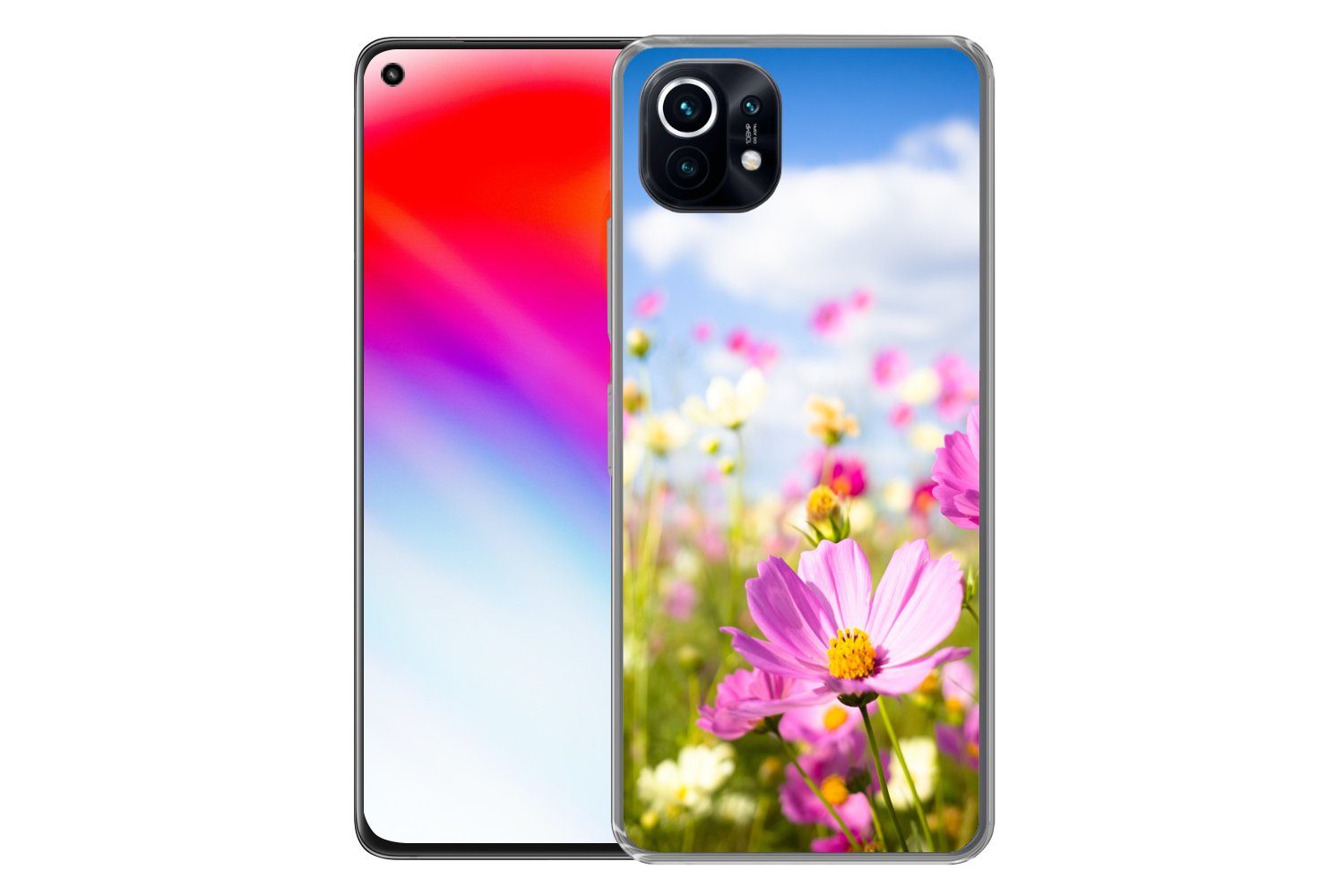 MuchoWow Handyhülle für Xiaomi Mi 11 Blumen - Wiese - Lila - Gras - Weiß - Wolken - Blau, Phone Case, Silikon, Schutzhülle Dünn