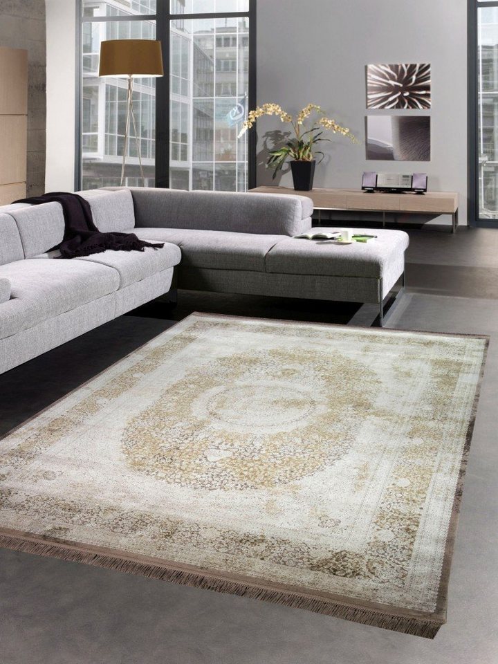 Wollteppich Teppich Luxus Designerteppich mit Naturfasern beige braun,  Carpetia, rechteckig, Höhe: 7 mm, Maschinengewebt
