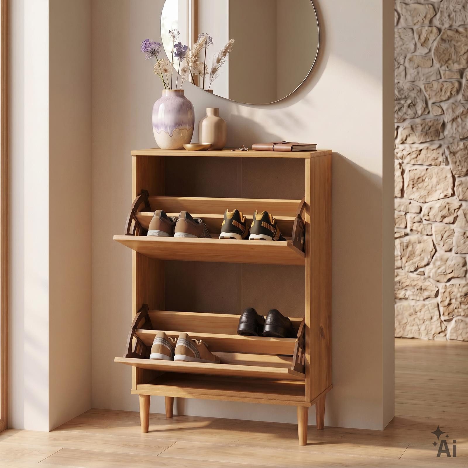 IDIMEX Schuhkipper MIKKA, Schuhschrank schmal mit 2 Klappen und Ledergriffen Eiche Finish