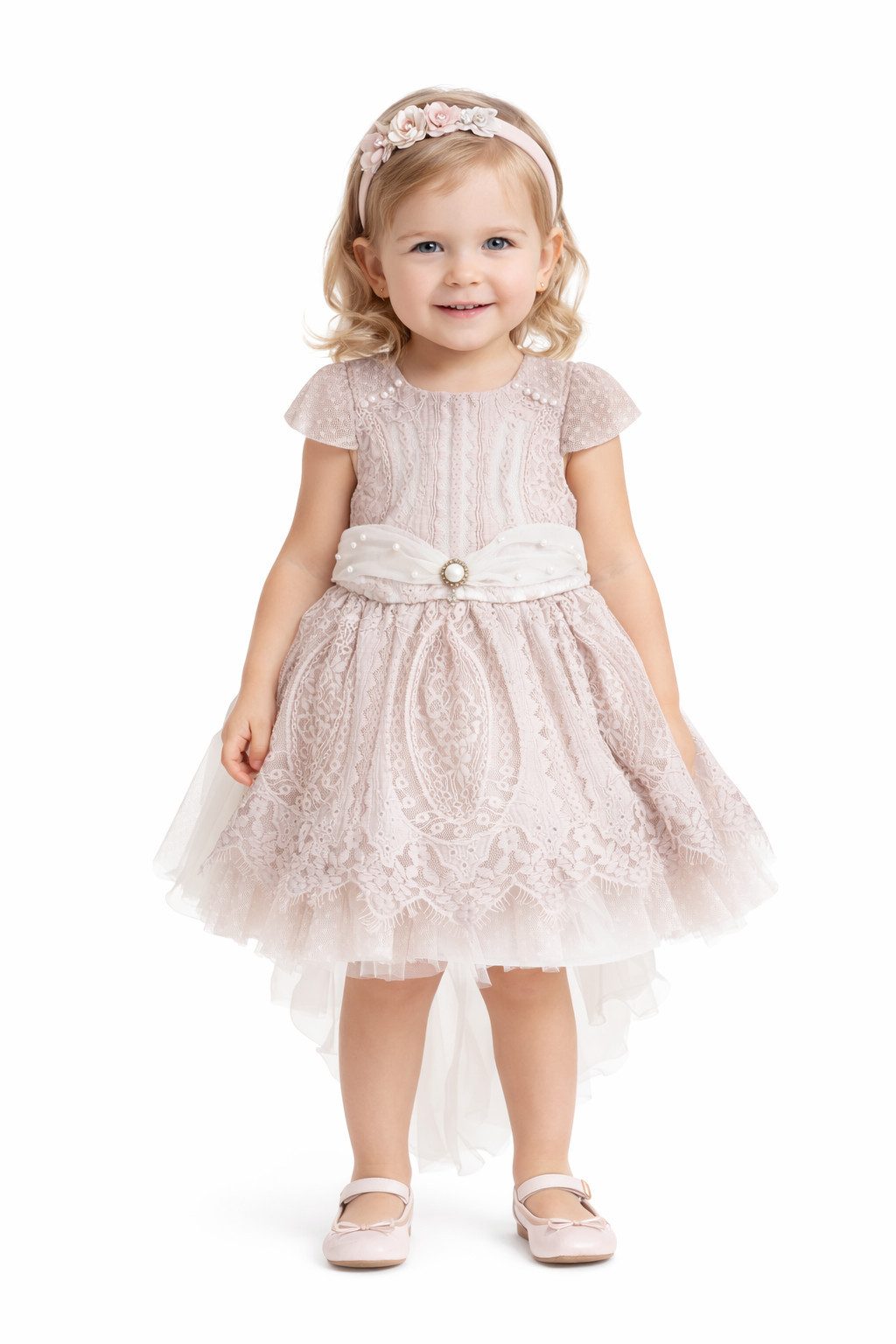 Lorey Medtec Partykleid Mädchen Kleid, Prinzessin Kleid, Festkleid, Taufkleid, Beige, Spitze Spitze, Tüll