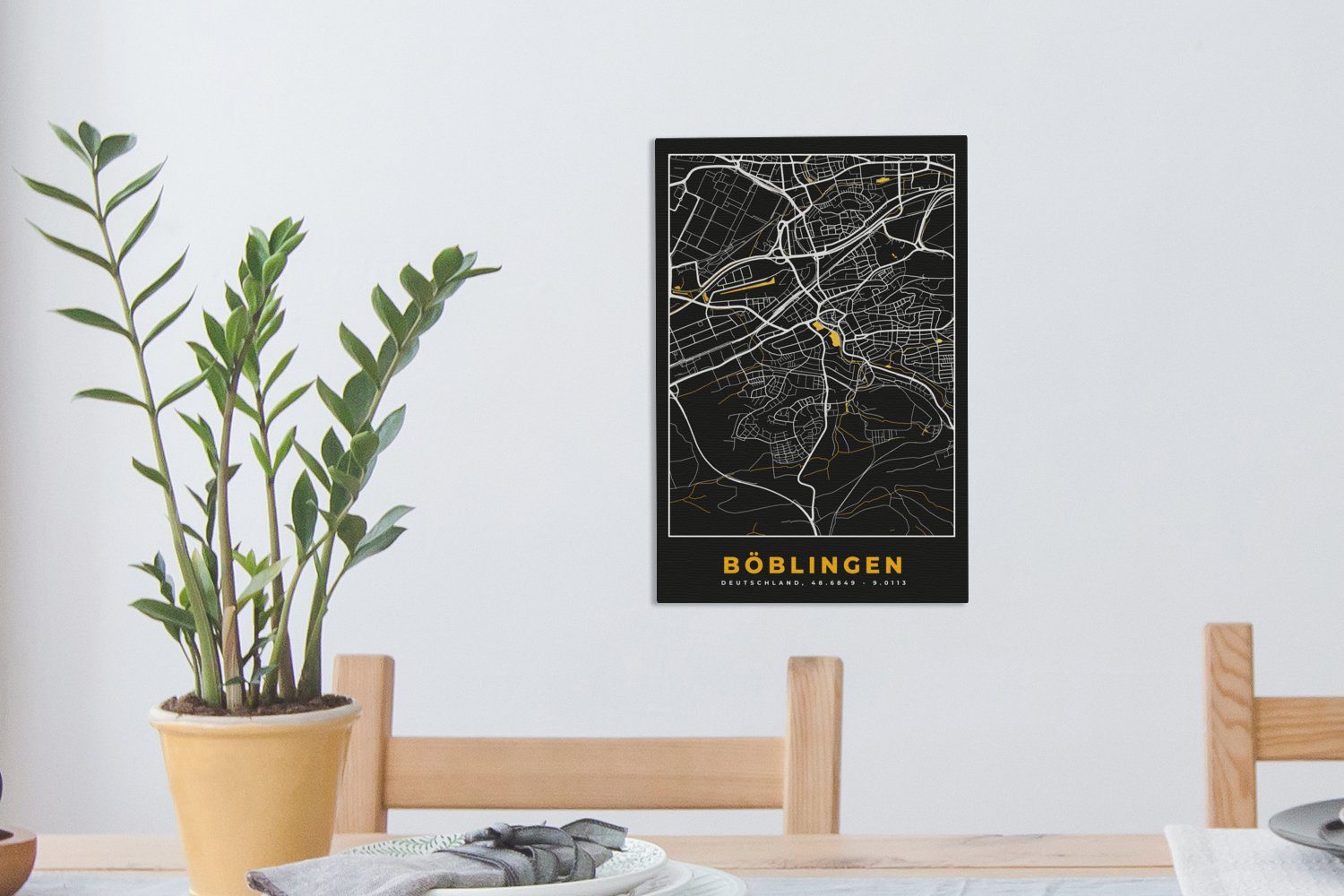 Deutschland, Leinwandbild bespannt Gemälde, (1 fertig Stadtplan Karte Zackenaufhänger, Böblingen - inkl. - - OneMillionCanvasses® St), 20x30 - Leinwandbild cm Gold