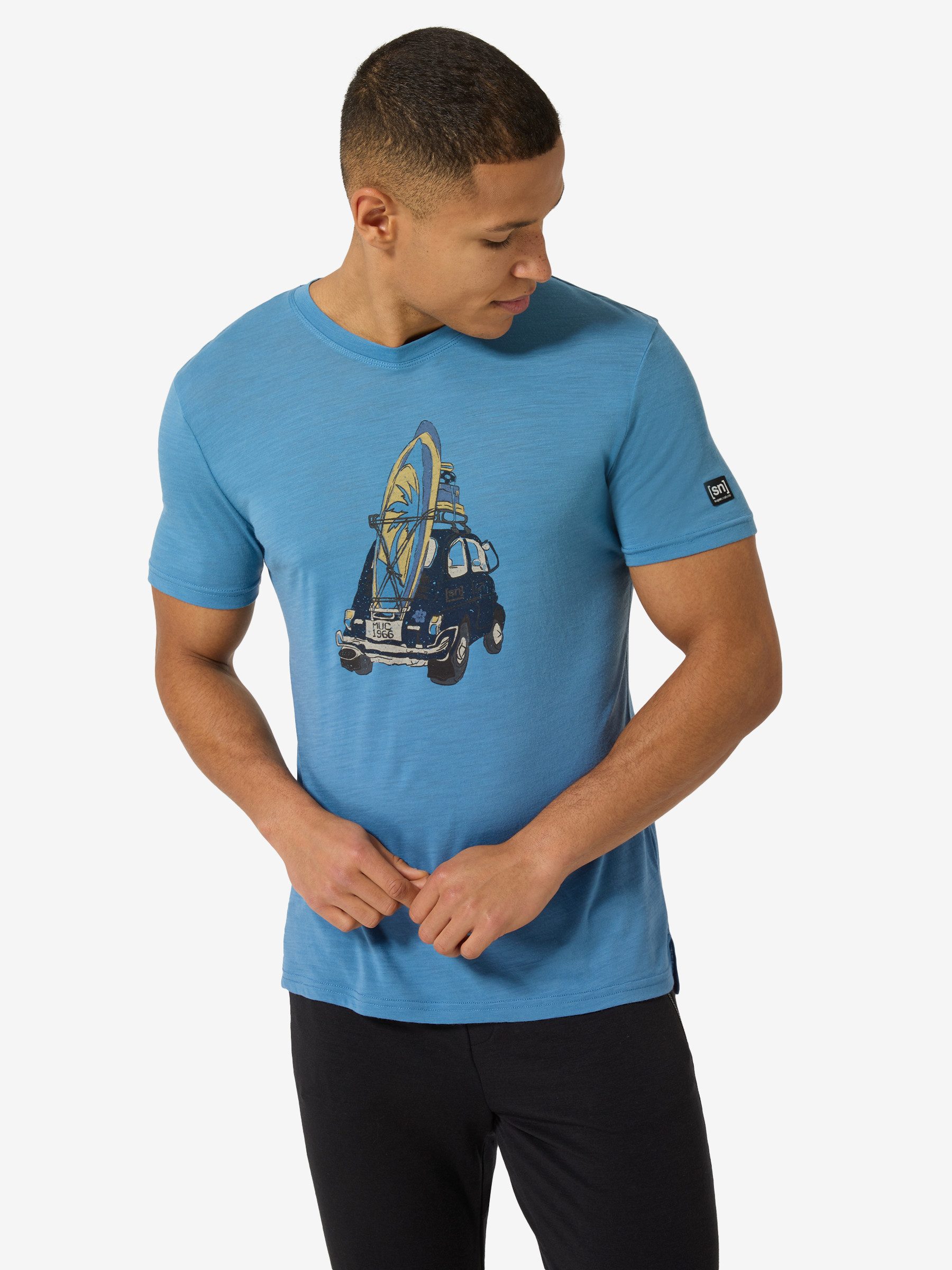SUPER.NATURAL T-Shirt für Herren,Merino M CAR SURF TEE mit Sommer-Motiv, atmungsaktiv