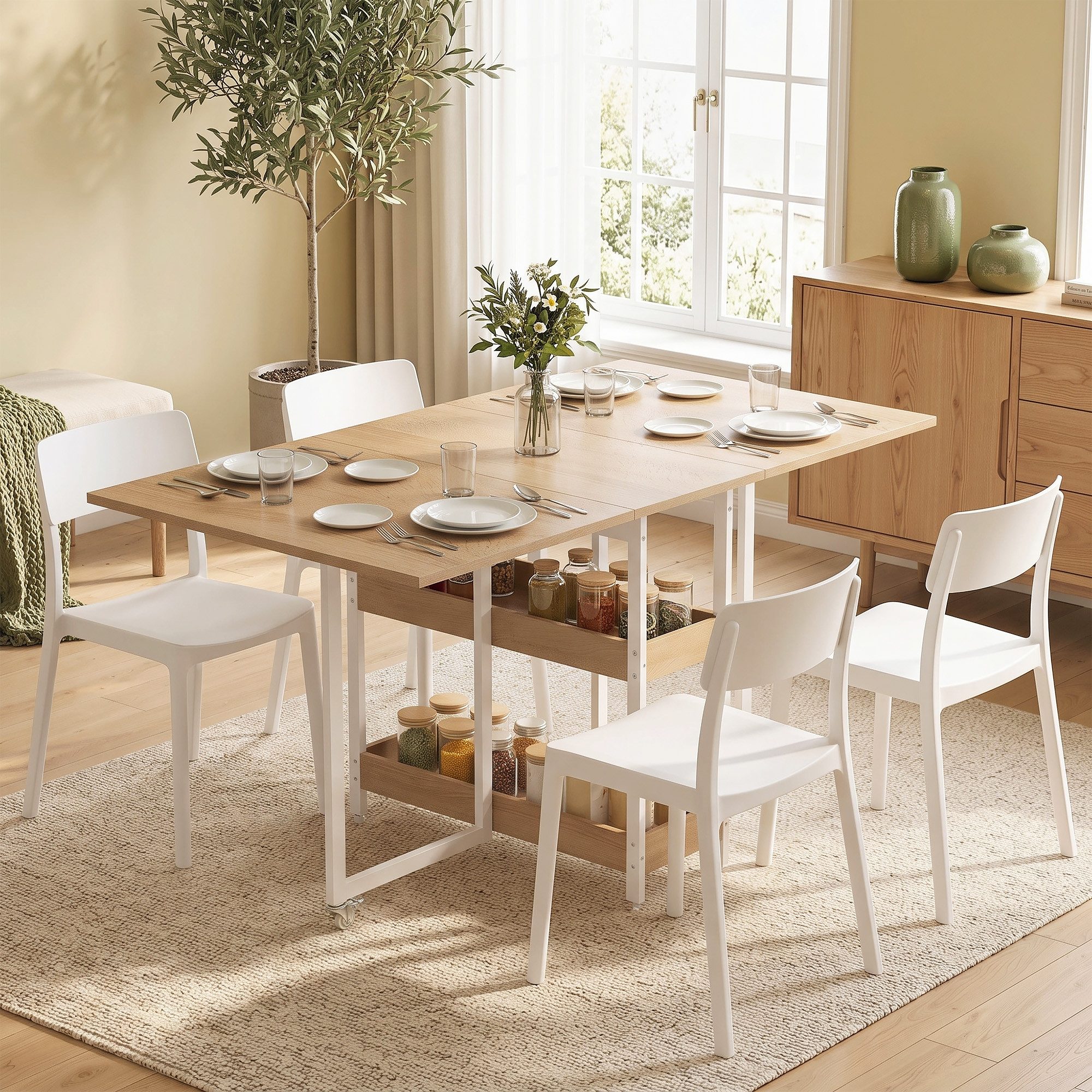 HOMCOM Klapptisch Esstisch Klappbar für 2-4 Personen mit 2 Offenen Ablagen (Küchentisch, 1-St., Mobiler Esszimmertisch), für Kleine Räume, Esszimmer, Küche 133,4 x 80 x 74 cm Naturholz