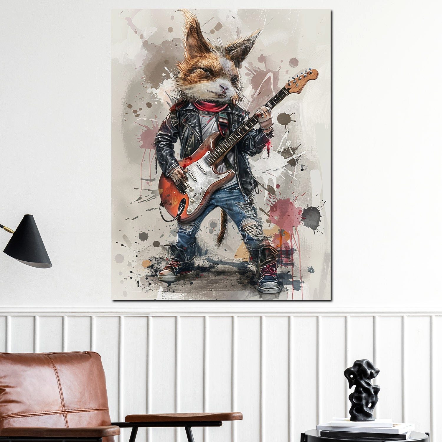 Artedinoi Leinwandbild Rockstar Katze mit E-Gitarre Pop Art Leinwandbild Wandbild XXL, Rockstar-Katze