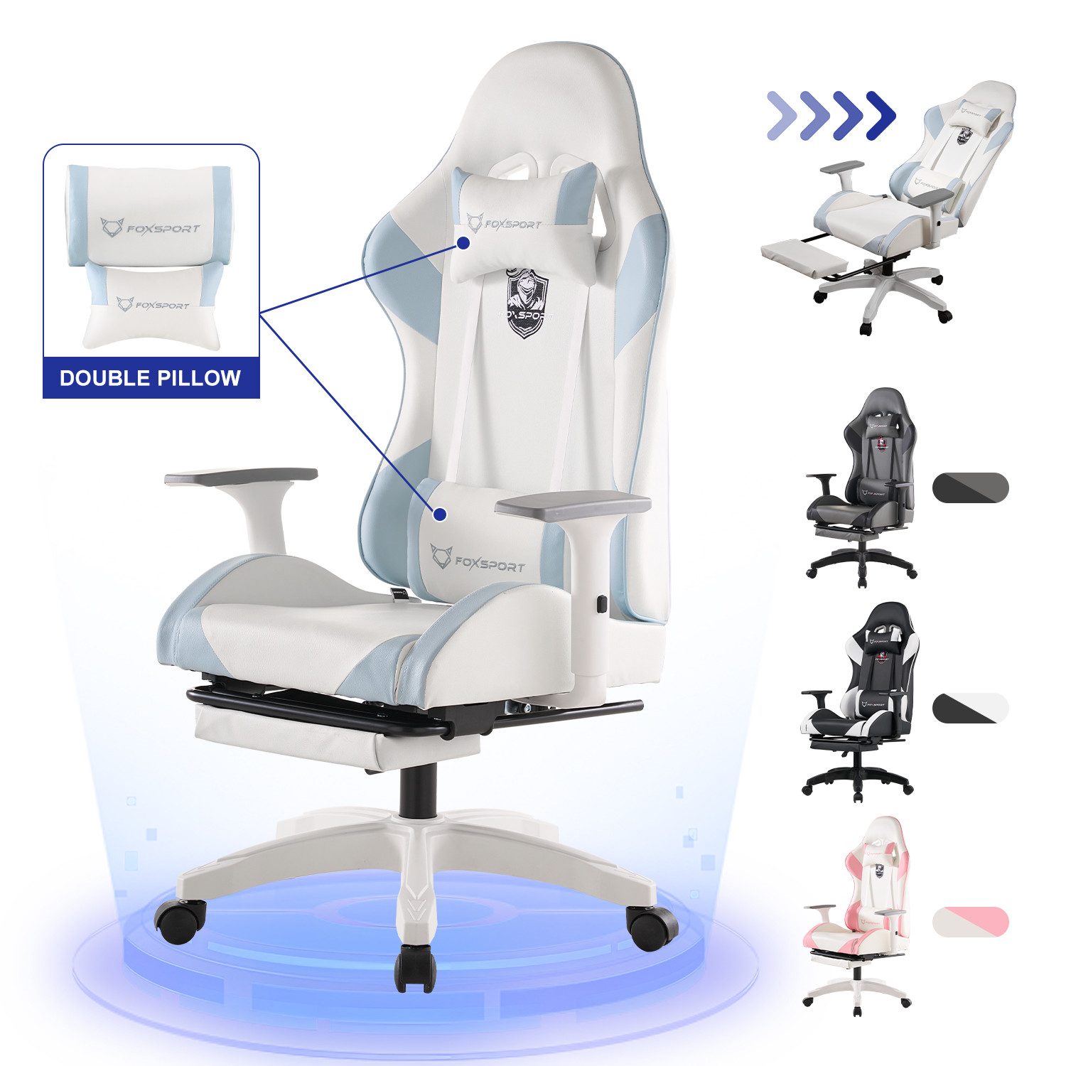 FOXSPORT Gaming-Stuhl inkl. Rücken- & Nackenkissen, ergonomischer Bürostuhl (Computer Stuhl mit Racing-Design, Drehstuhl mit 3D-Armstützen und verstellbarer Fußstütze, 150° verstellbare Rückenlehne, 1 St), 360° drehbar, 10 cm Höhenverstellung, belastbar bis 150 kg