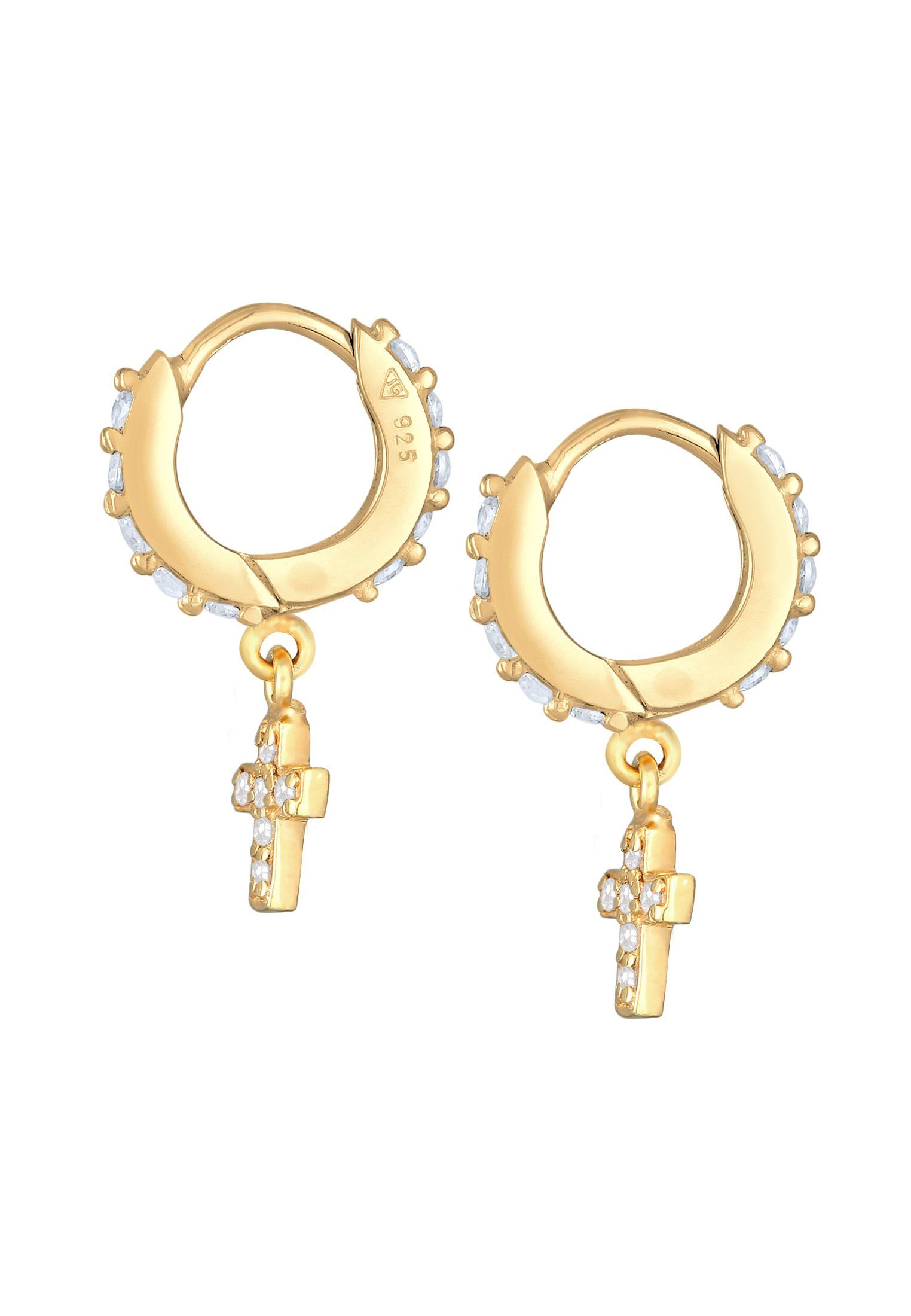 Elli Paar Creolen Huggie Hoops Creolen Kreuz Zirkonia 925 Silber, Kreuz