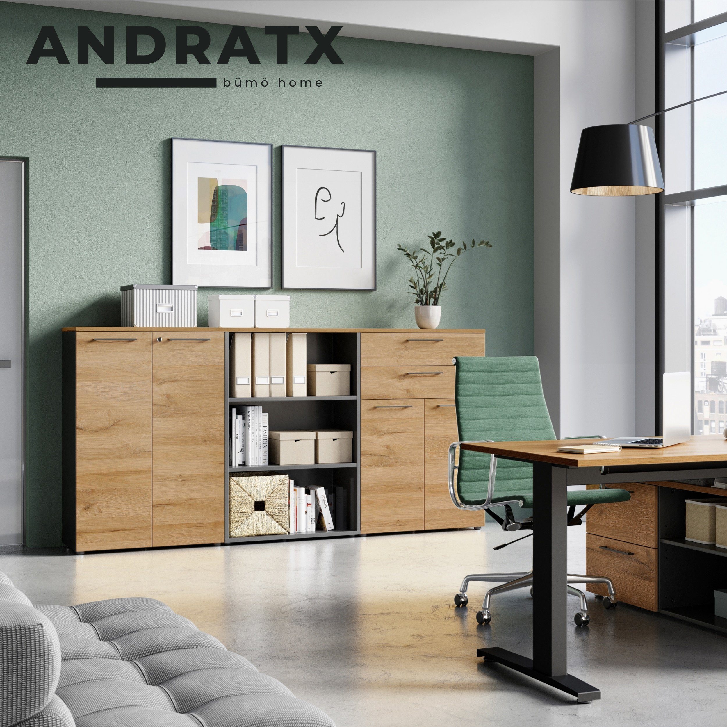 Büroschrank Dekor: 2 Ordnerhöhen, Aktenschrank & Schubladen 2 mit Graphit-Eiche Andratx bümö
