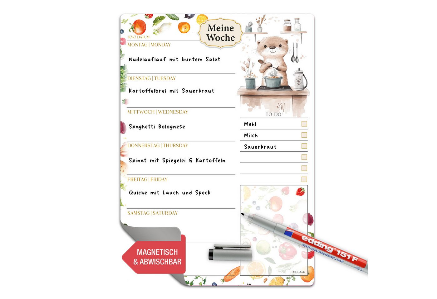 TOBJA Wochenplan Menüplaner Otterliebe magnetisch A4 Wochenplaner für Kühlschrank, Magnetisch, abwischbar, inkl. Stift, Otter-Design, Wochenmenü & To-Do