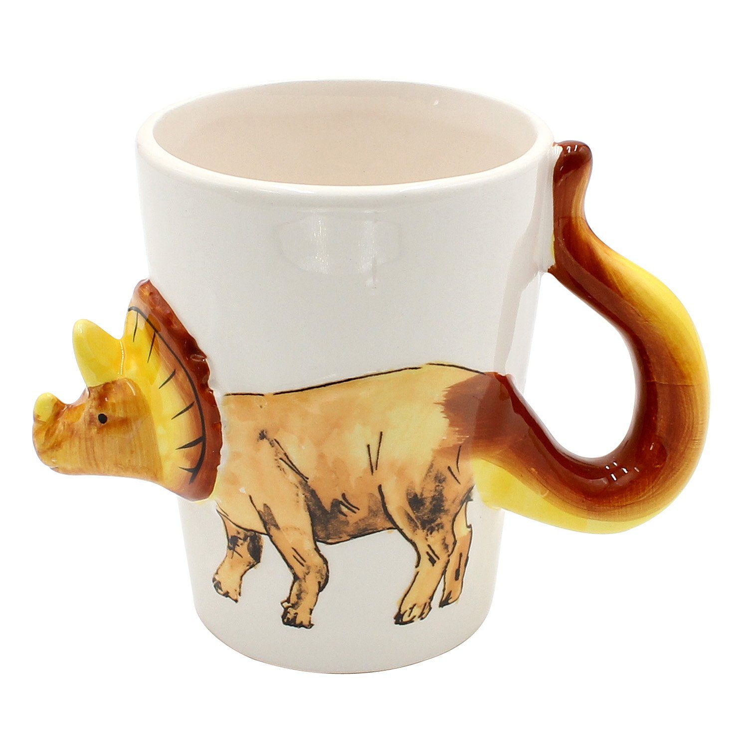 Dekohelden24 Tasse Kaffeebecher Kaffeetasse mit Dino aus Keramik versch. Motive, Porzellan gelb