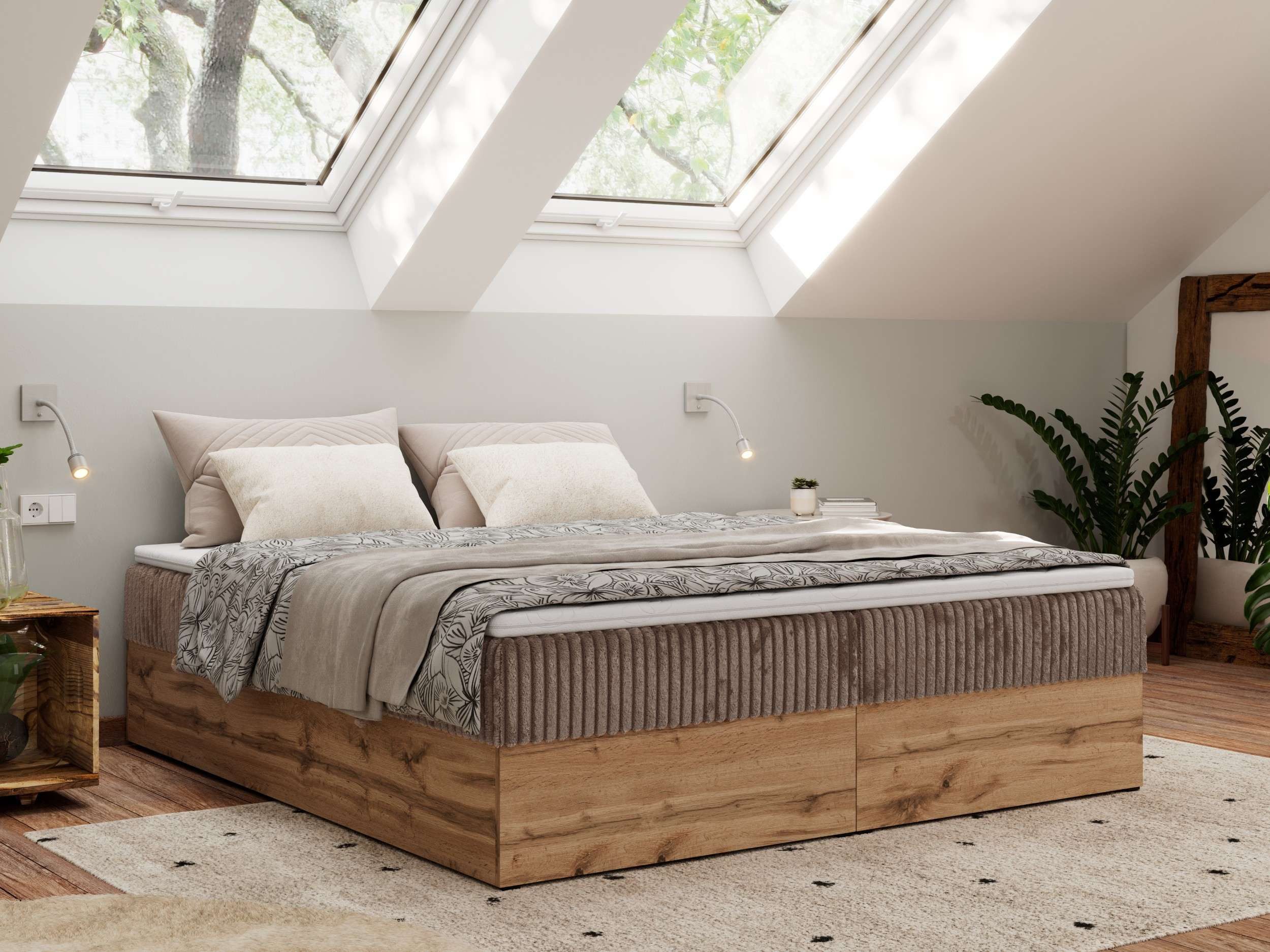 MKS MÖBEL Boxbett WOOD ZERO (Boxspringbett - Set, Bett, Polsterbett mit integrierten Matratzen, 2 Bettkästen, H3/H4), Topper T25 oder Visco optional, ohne Kopfteil