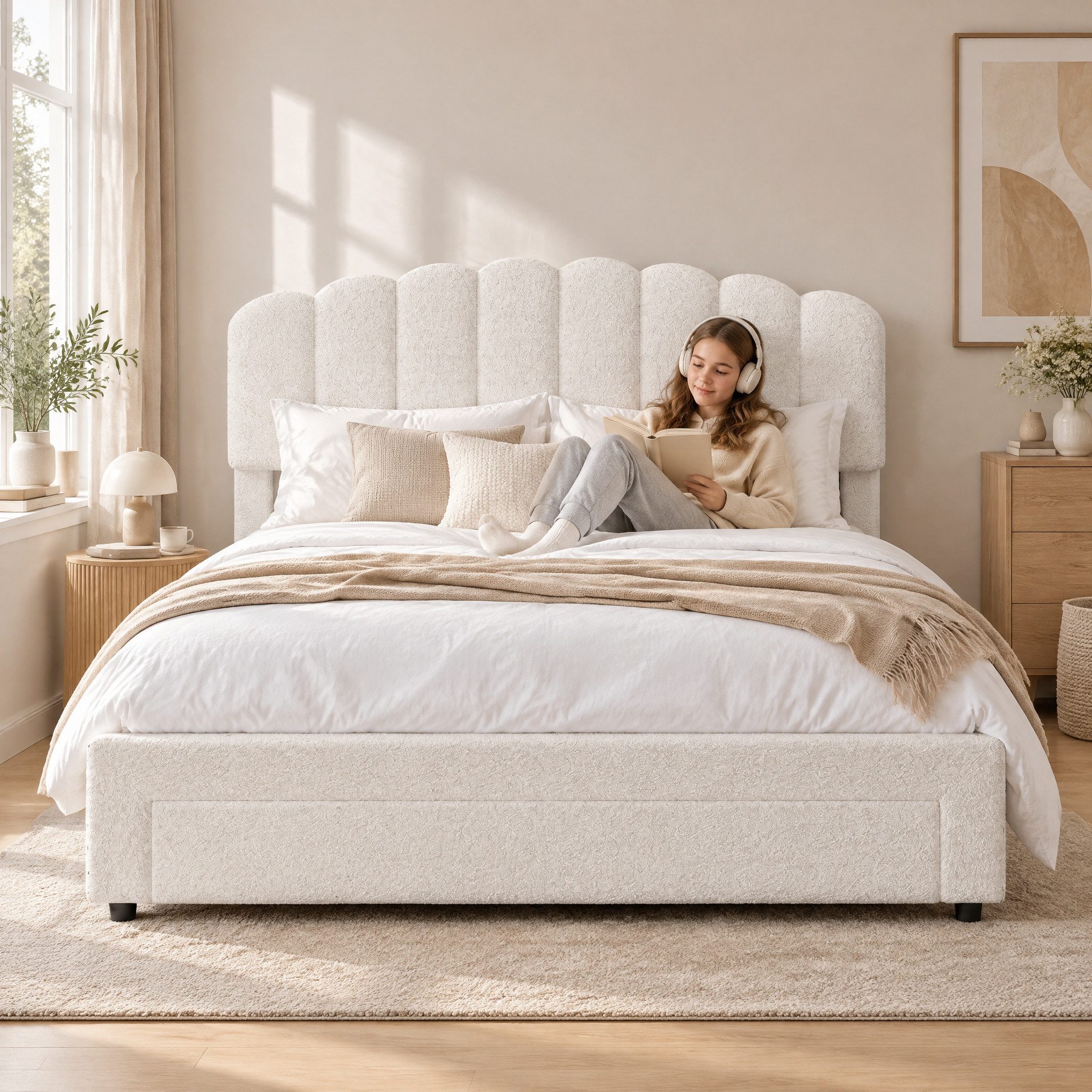 Simurq Polsterbett bett 140x200 cm mit Schublade,USB & Type-C,höhenverstellbares Kopfteil (2 Pakete,belastbar bis 250 kg, Stauraumbett 140x200 cm in Cremeweiß m – Bild 2 von 5
