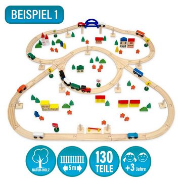 eyepower Spielzeug-Eisenbahn 130 Teile XXL Holzeisenbahn Set 5m Schienen Holz, Eisenbahn Kinder Spielzeug