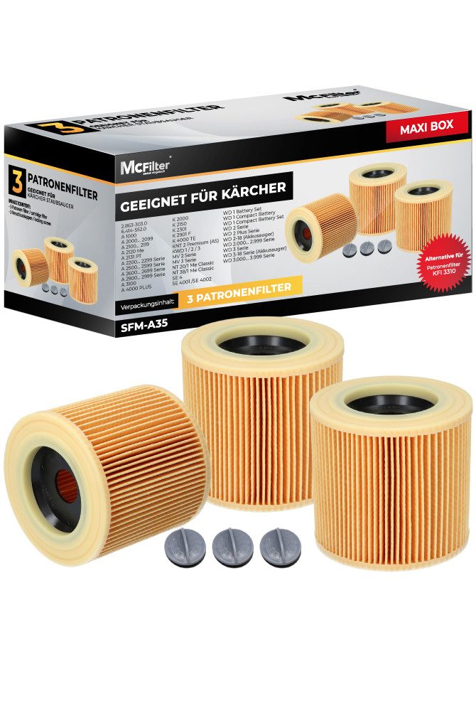 McFilter Ersatzfilter (3 Filter) Lamellenfilter, Zubehör für Kärcher WD2, WD3, WD3 Premium, MV3, A-Serie, K-Serie, SE 4001, SE 4002, Alternative zu 6.414-552.0, 6.414-772.0, 6.414-547.0