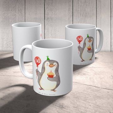 Mr. & Mrs. Panda Tasse 80. Geburtstag Pinguin Luftballon - Weiß - Geschenk, Teetasse, Geburt, Keramik, Langlebige Designs