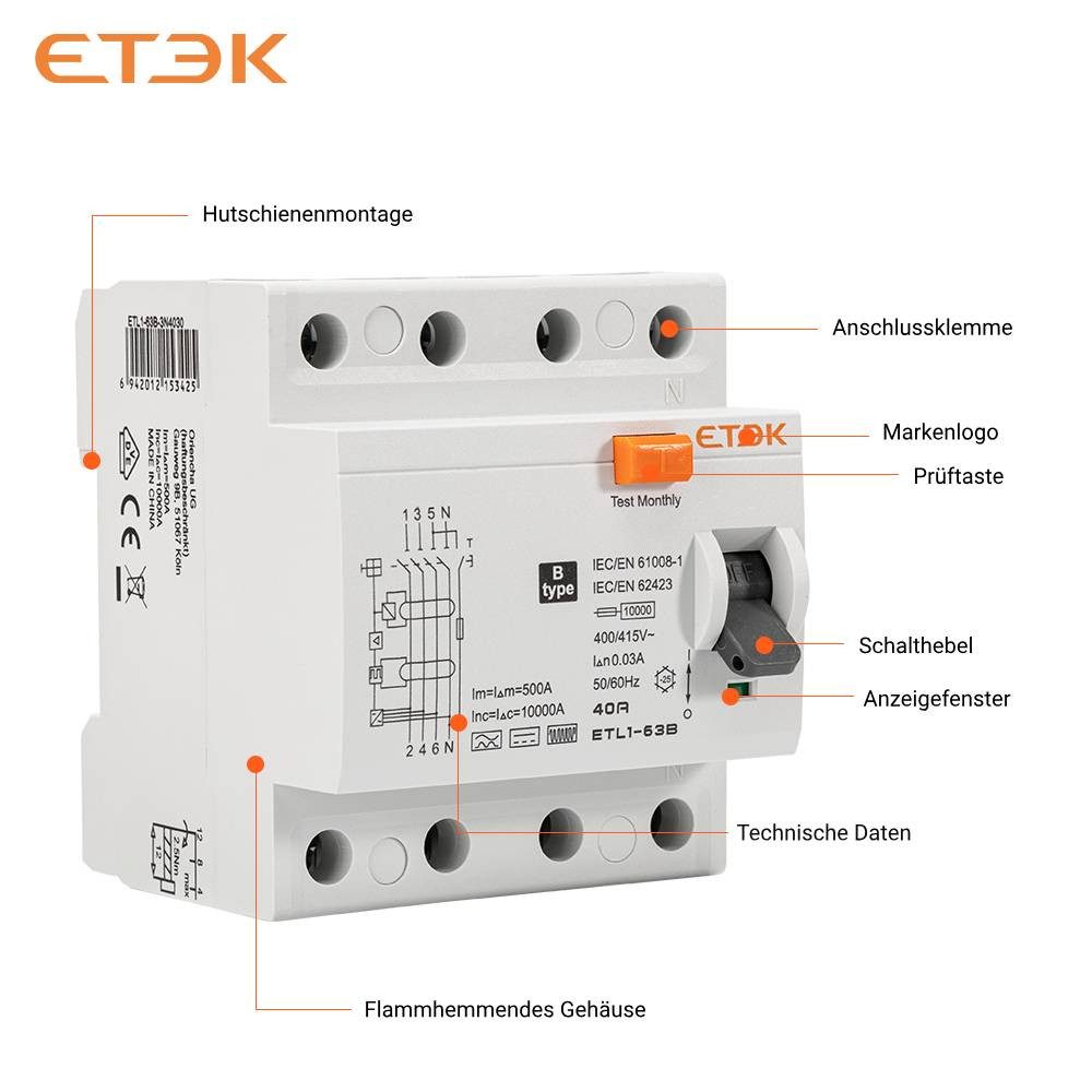 ETEK Electric Verteiler ETEK FI-Schutzschalter Typ B ETL1-63B 4-polig allstromsensitiv, 40A / 30mA – Bild 5 von 5