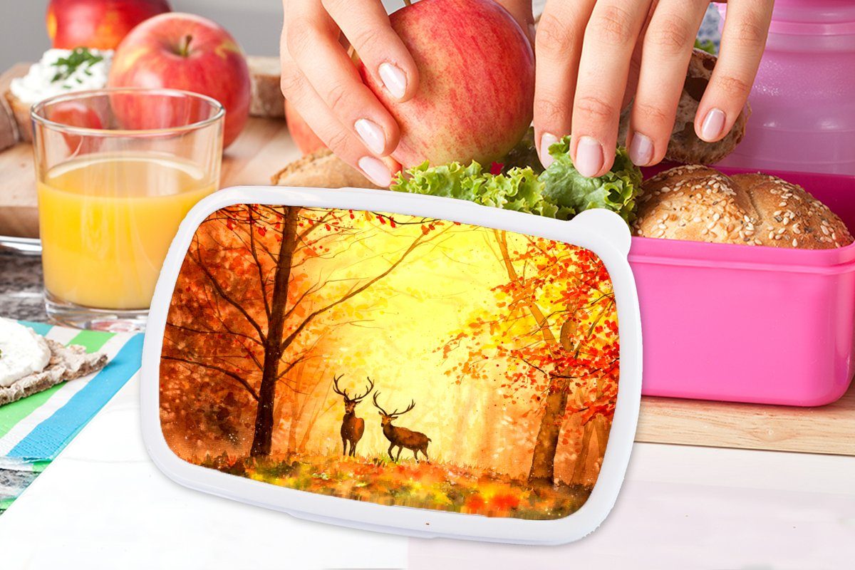 - Lunchbox Erwachsene, - Kunststoff Orange, Herbst Brotdose Mädchen, Kunststoff, Hirsche Ölfarbe MuchoWow Tiere - Natur rosa Snackbox, - (2-tlg), Brotbox für - Kinder,