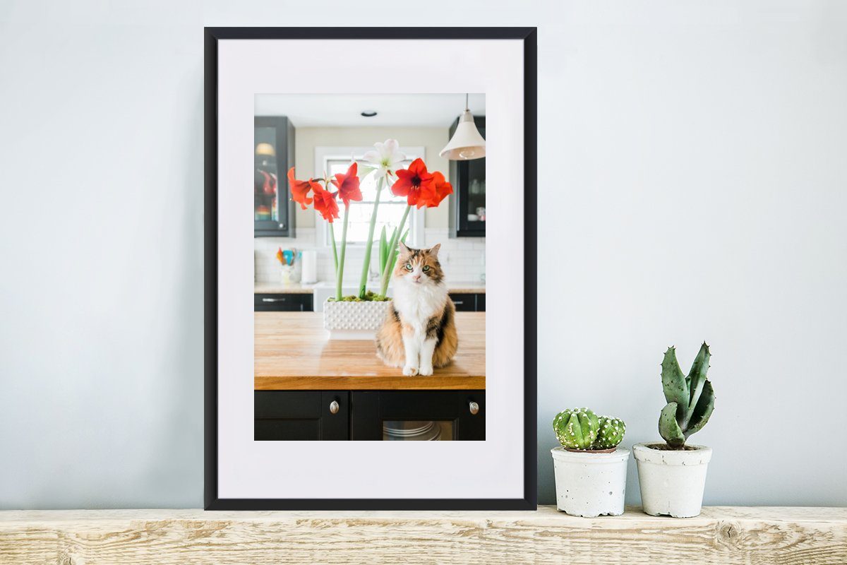 - Katze Poster mit (1 Gerahmtes Blumen - Schwarzem Rahmen, Tisch, Kunstdruck, Bilderrahmen Poster, St), MuchoWow