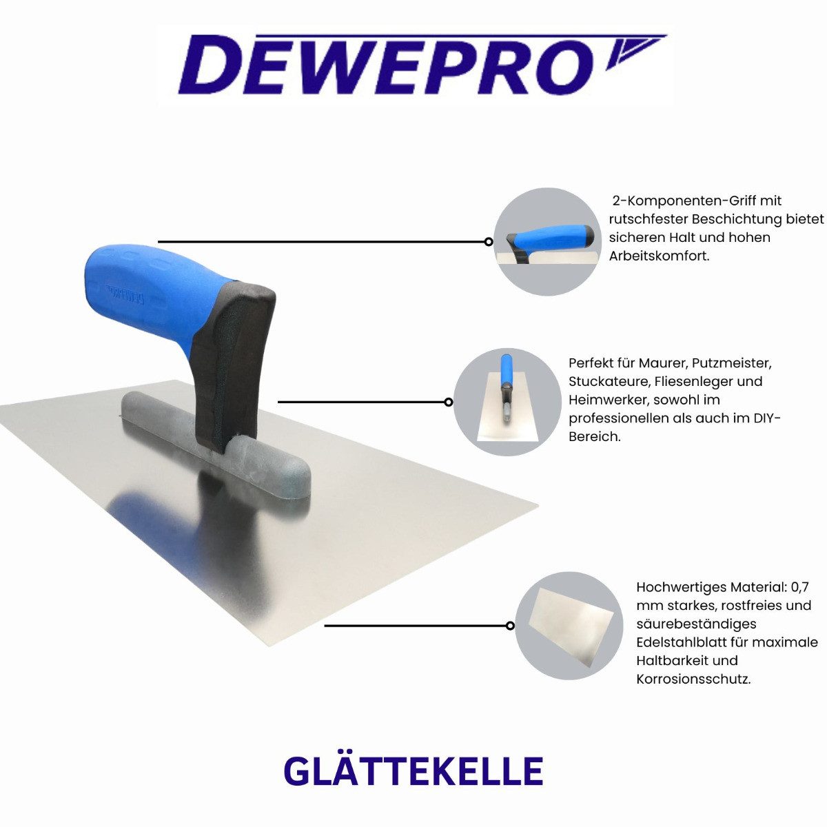 DEWEPRO Glättekelle DEWEPRO Glättekelle PROFI 3 mit 2-K-Griff, Edelstahlblatt - 270x130mm