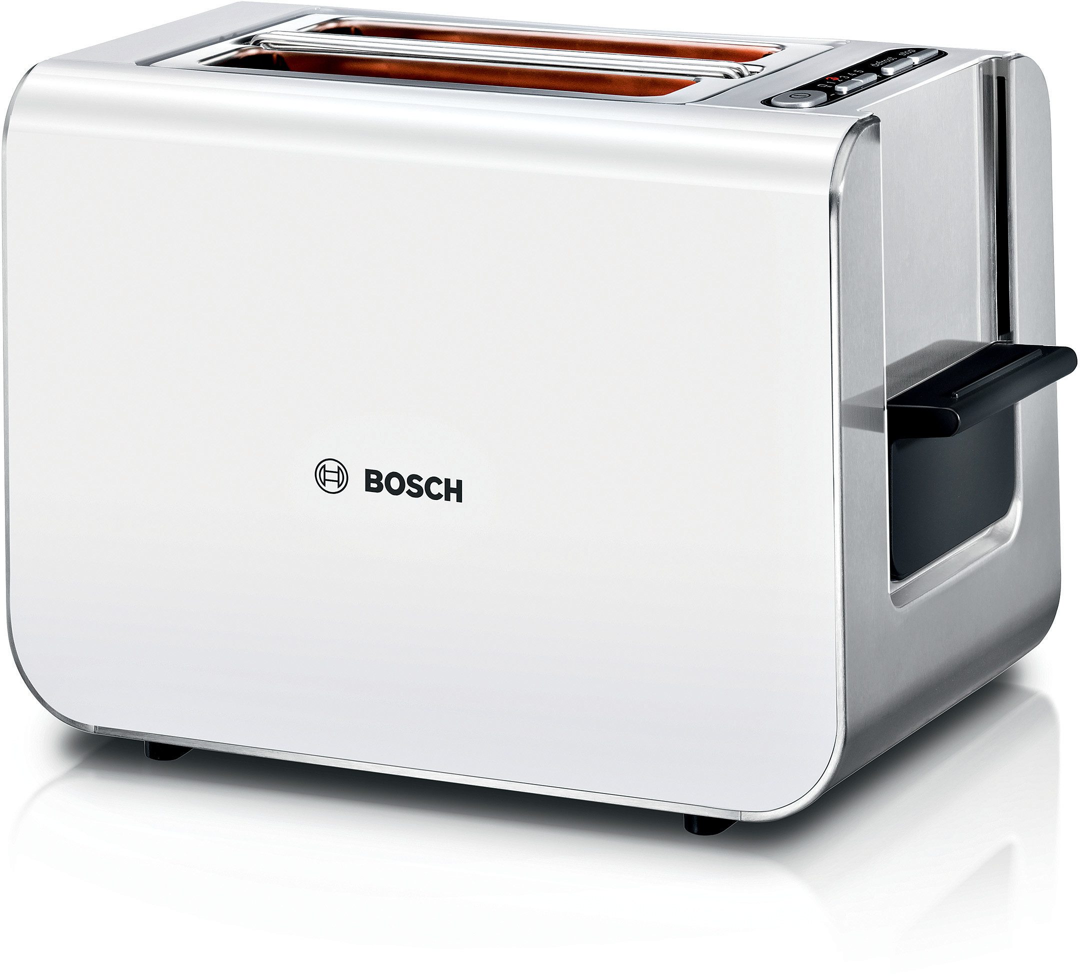 BOSCH Toaster Styline TAT8611N, integrierter Brötchenaufsatz, Liftfunktion, 860 W, Auftaufunktion, Abschaltautomatik, Brotzentrierung, Edelstahl/weiß