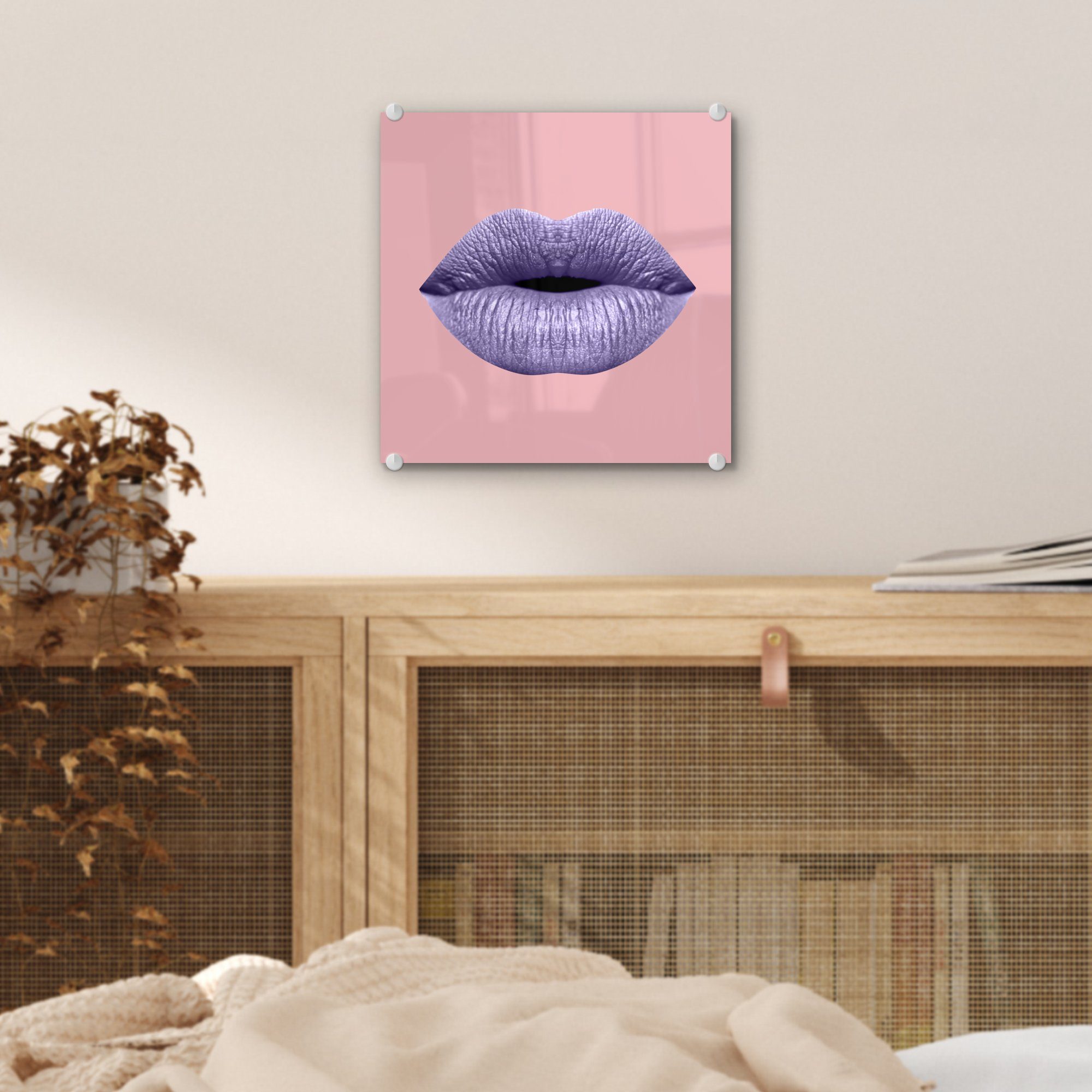 MuchoWow Acrylglasbild Glas Wanddekoration Lippen auf Glas - auf St), Glasbilder - Rosa, Wandbild - - Pastell Bilder (1 - Foto