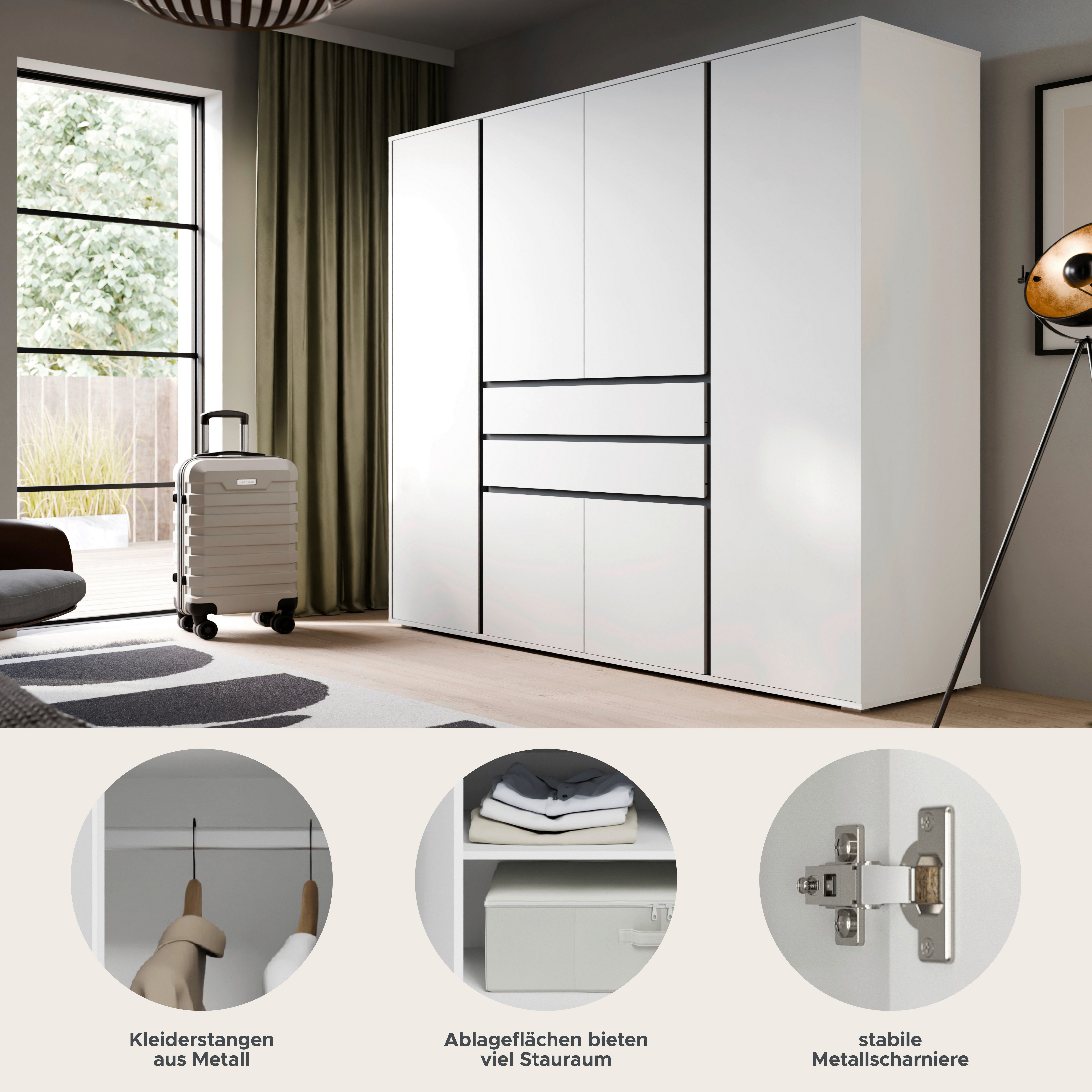 Home affaire Kleiderschrank NULA, Schlafzimmerschrank, Garderobe, Schrank (1-St., in verschiedenen Ausführungen und Farben erhältlich) 6 Türen, 2 Schubkästen, 1 E-Boden, 6 K-Böden, 1 Kleiderstange