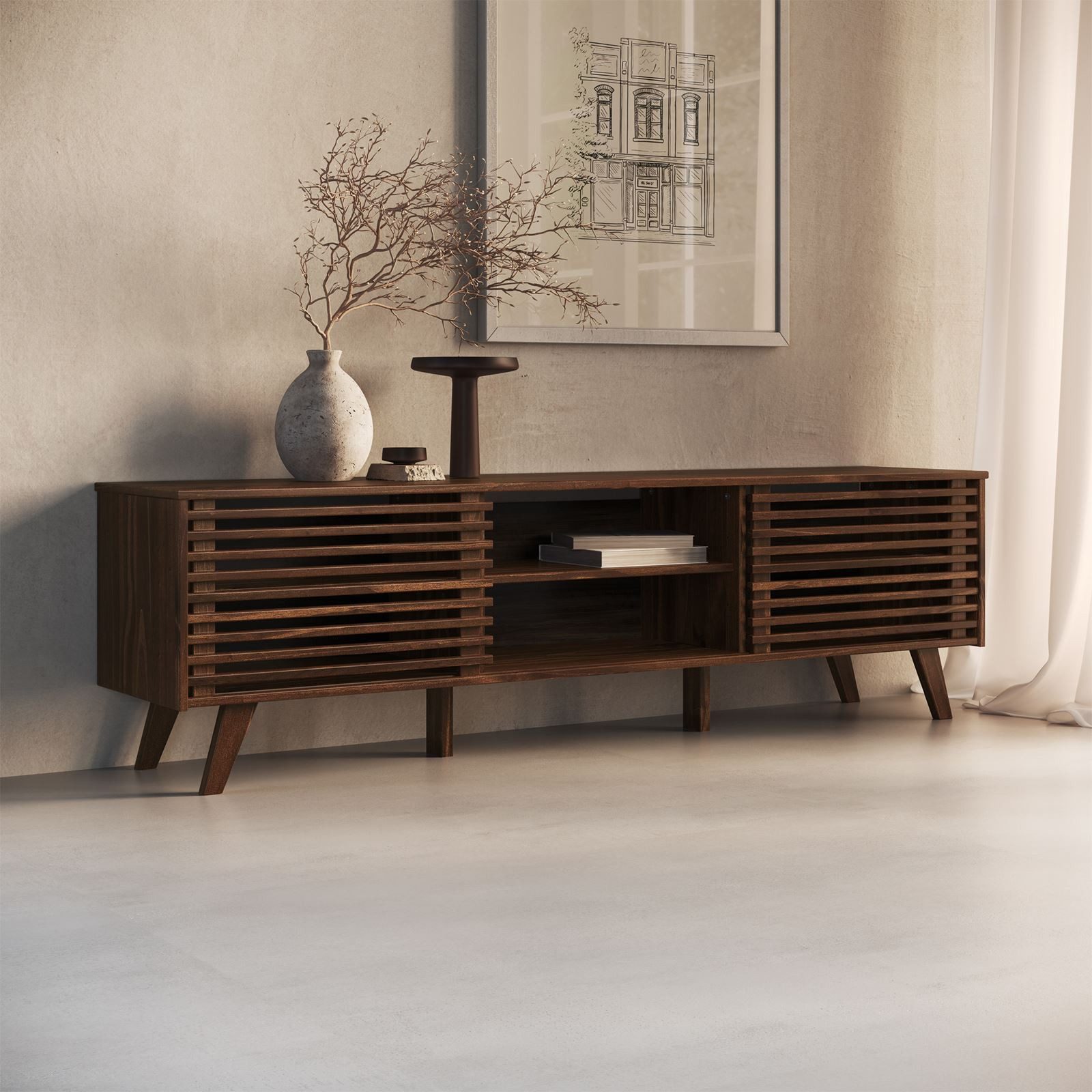 IDIMEX Lowboard RIAN, Modernes TV Möbel mit Schiebetüren Massivholz Nussbaum Finish