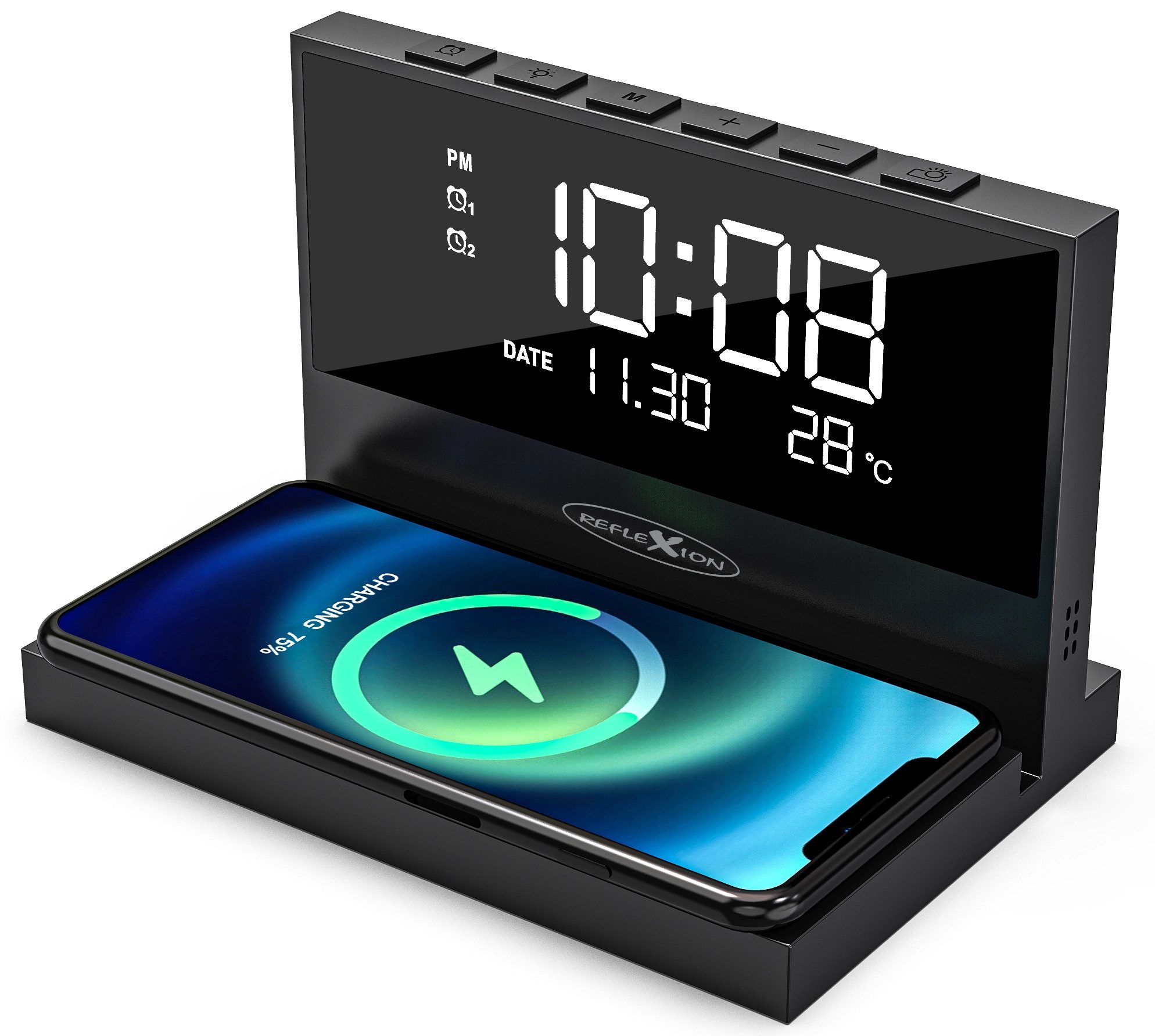 Reflexion ACW2188 Wecker Smartphone Ladestation Wireless Charger (3000 mA, Großes Display für Uhrzeit, Datum und Temperatur / Nachtlicht)