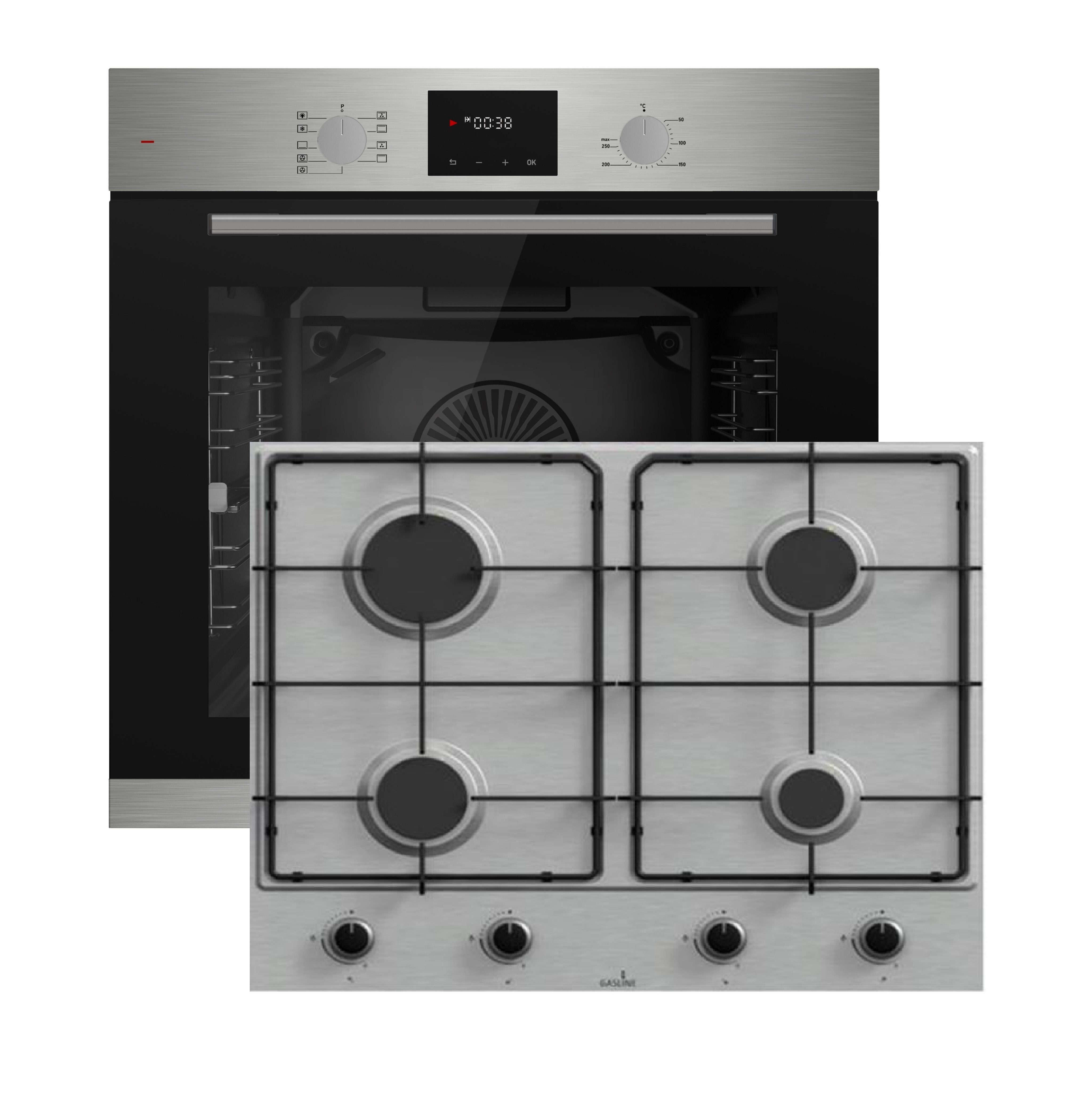 Böhme Elektro-Herd-Set Böhme Herdset HB60F78PPX + Gasline kochfeld 60cm Edelstahl 4 Brennern