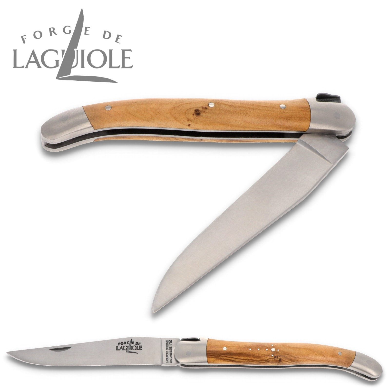 Forge de Laguiole Taschenmesser 1211 IN OL SAT, Griff 11cm Olive - Verzierte Feder - Klinge Backen Stahl satiniert
