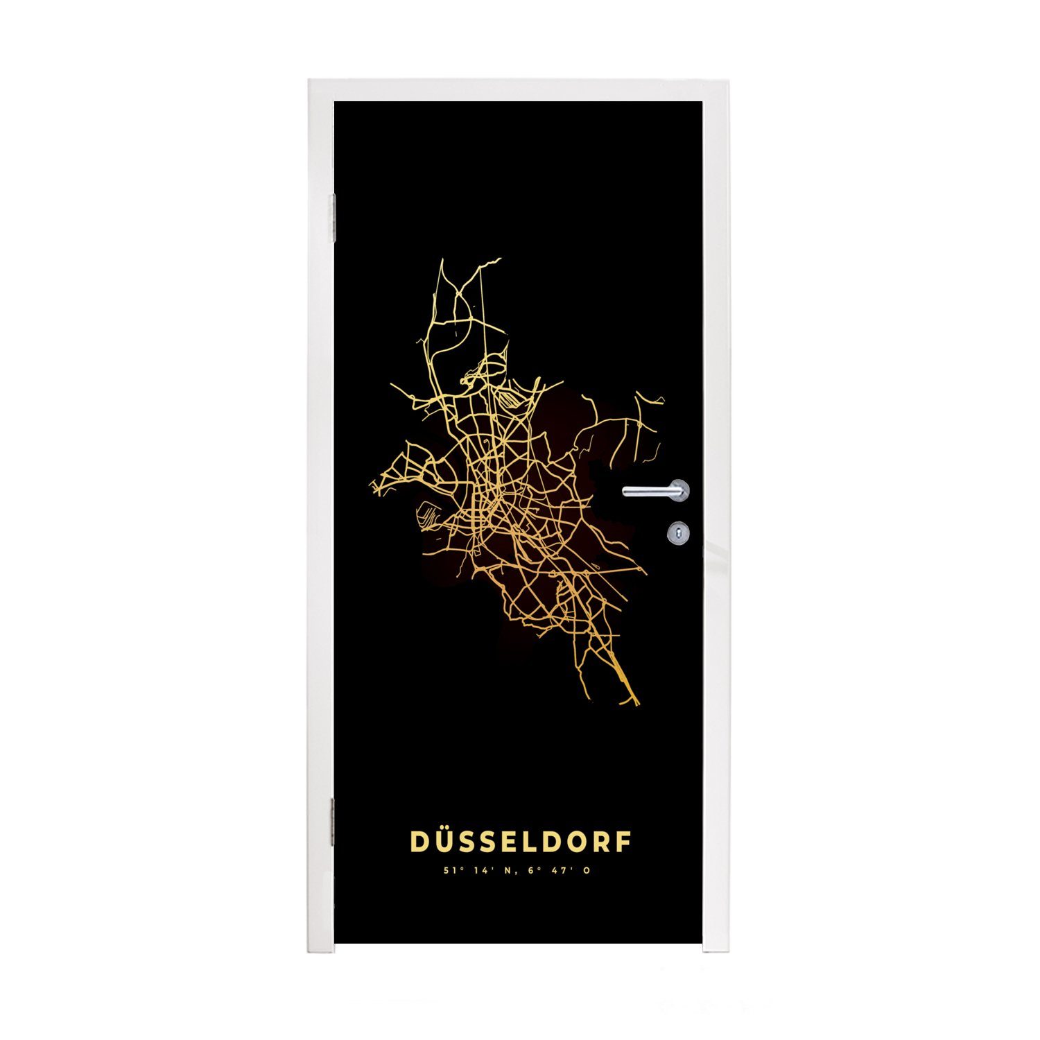 MuchoWow Türtapete Düsseldorf - Stadtplan - Schwarz und Gold - Karte, Matt, bedruckt, (1 St), Fototapete für Tür, Türaufkleber, 75x205 cm