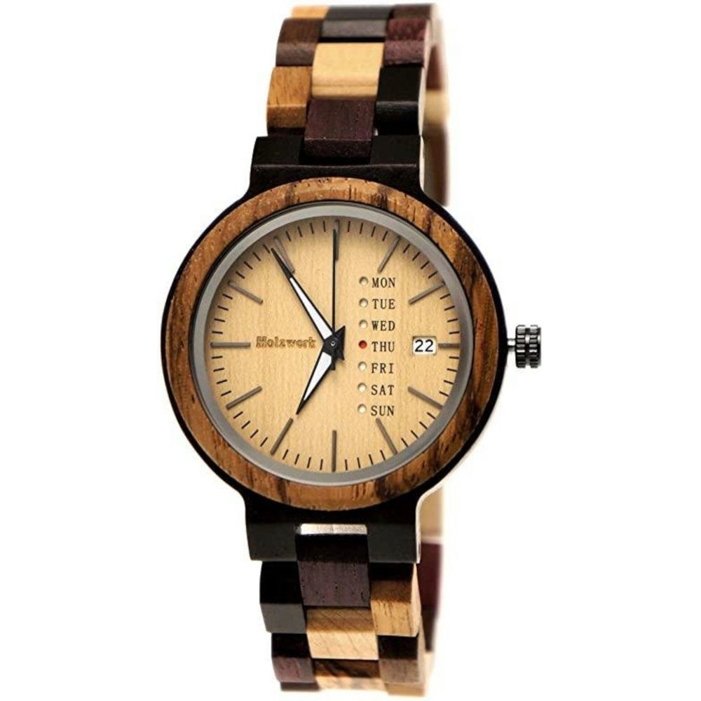 Holzwerk Quarzuhr TREBBIN kleine Damen Holz Armband Uhr mit Datum in beige & braun