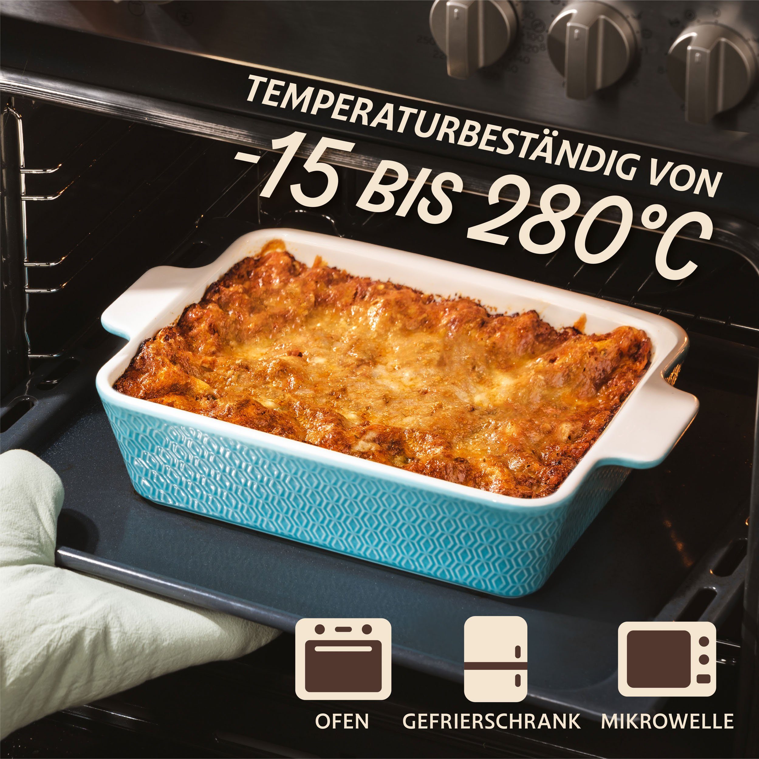 Praknu Auflaufform Auflaufform Blau 28cm Keramik – Backofen 280°C & Mikrowelle, Porzellan - Keramik, (1-St), Für 4 Personen Lasagne, Tiramisu & Auflauf - Hoher  – Bild 5 von 5