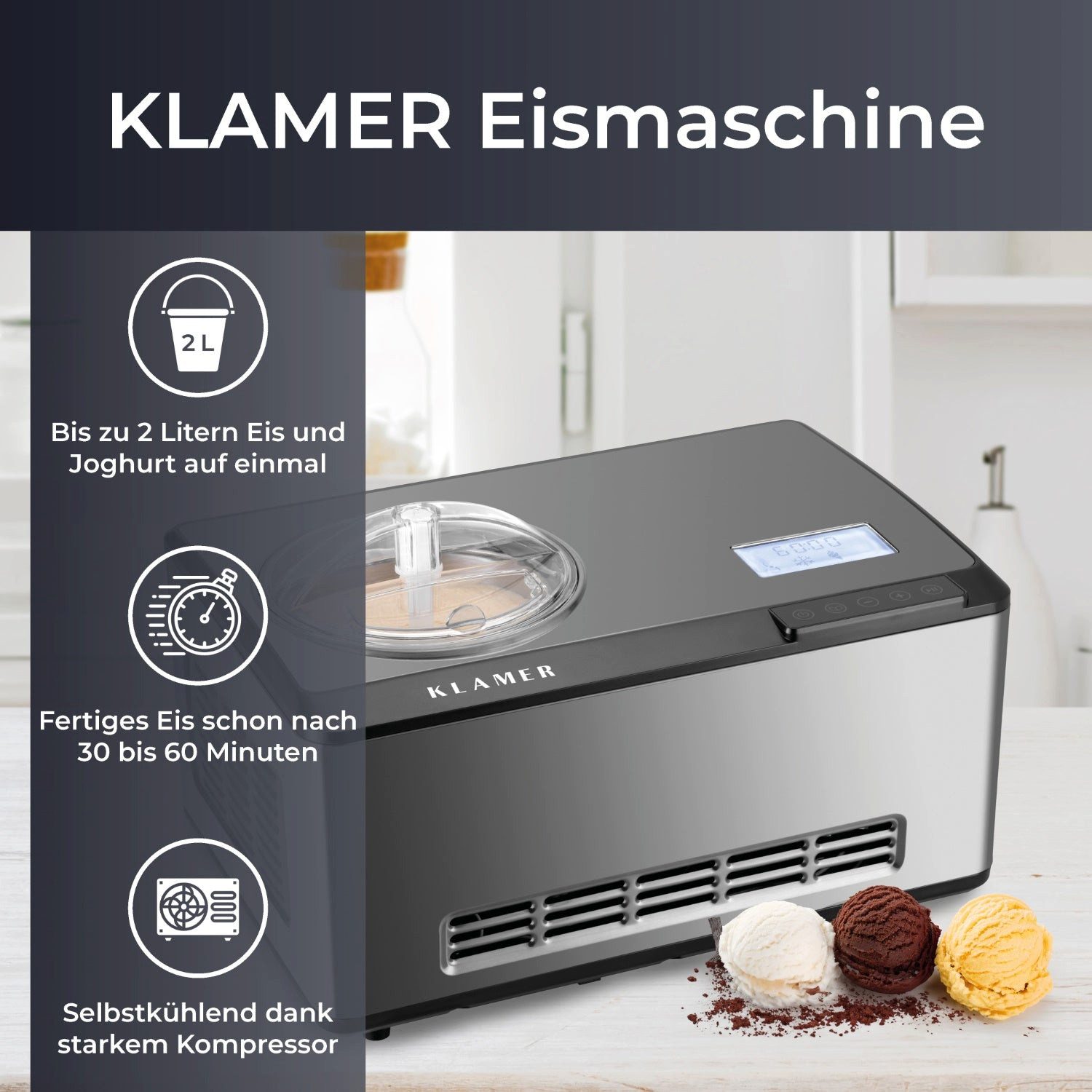 KLAMER Eismaschine 2-in-1 Eiscrememaschine & Joghurtbereiter 2 L, 180 W, aus Edelstahl m…, 2 l, 180 W, Raffiniertes Rührsystem, Nachfüllklappe, digitales Rezeptbuch